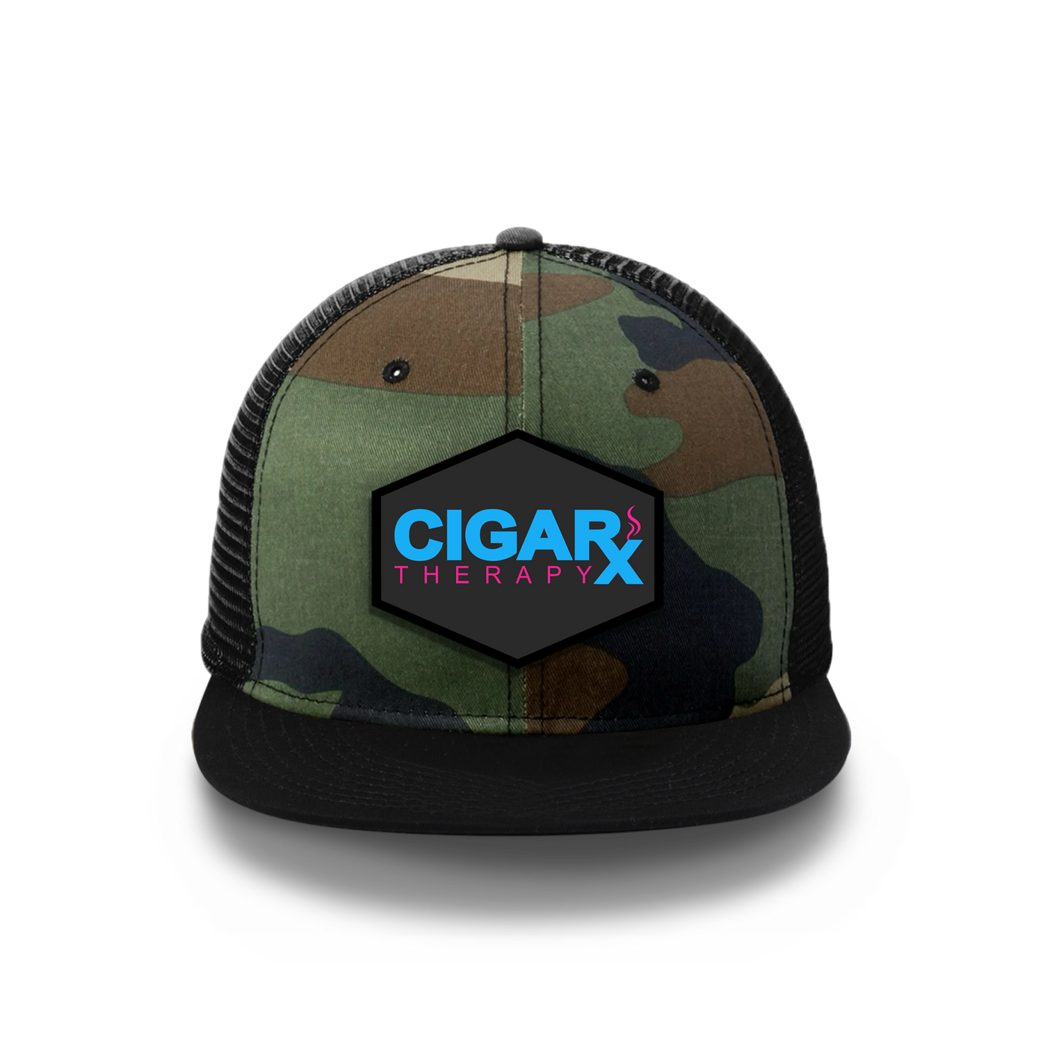 Camo Flat Trucker with Miami Edition Patch Black Bill Front View