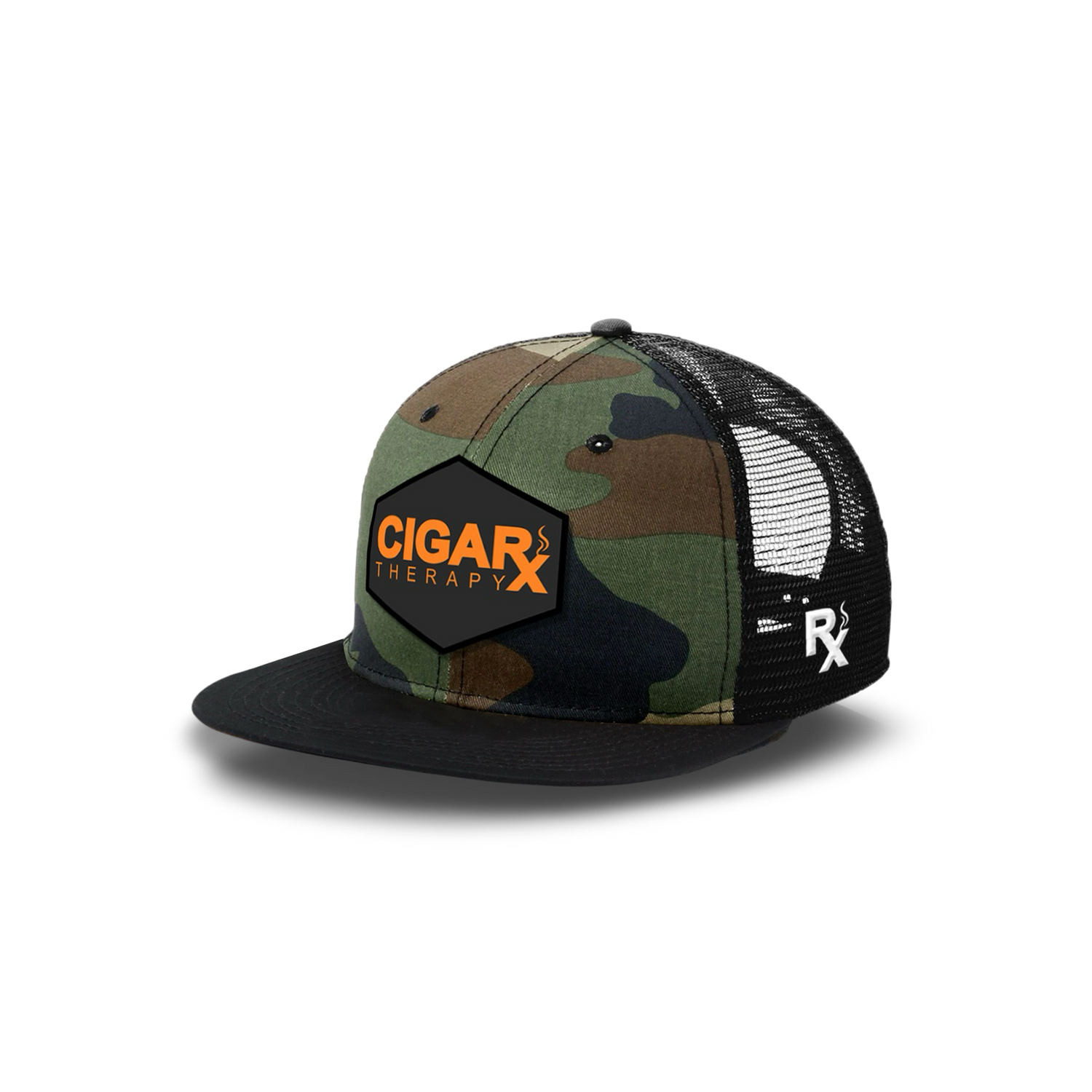 Camo Flat Trucker with Orange on Black Patch Black Bill Angled View