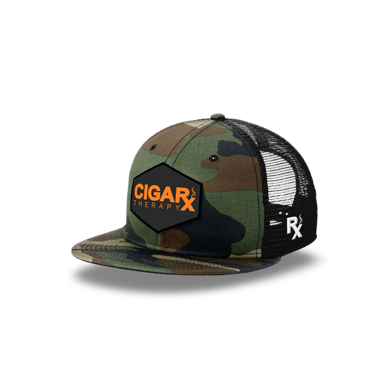 Camo Flat Trucker with Orange on Black Patch Camo Bill Angled View