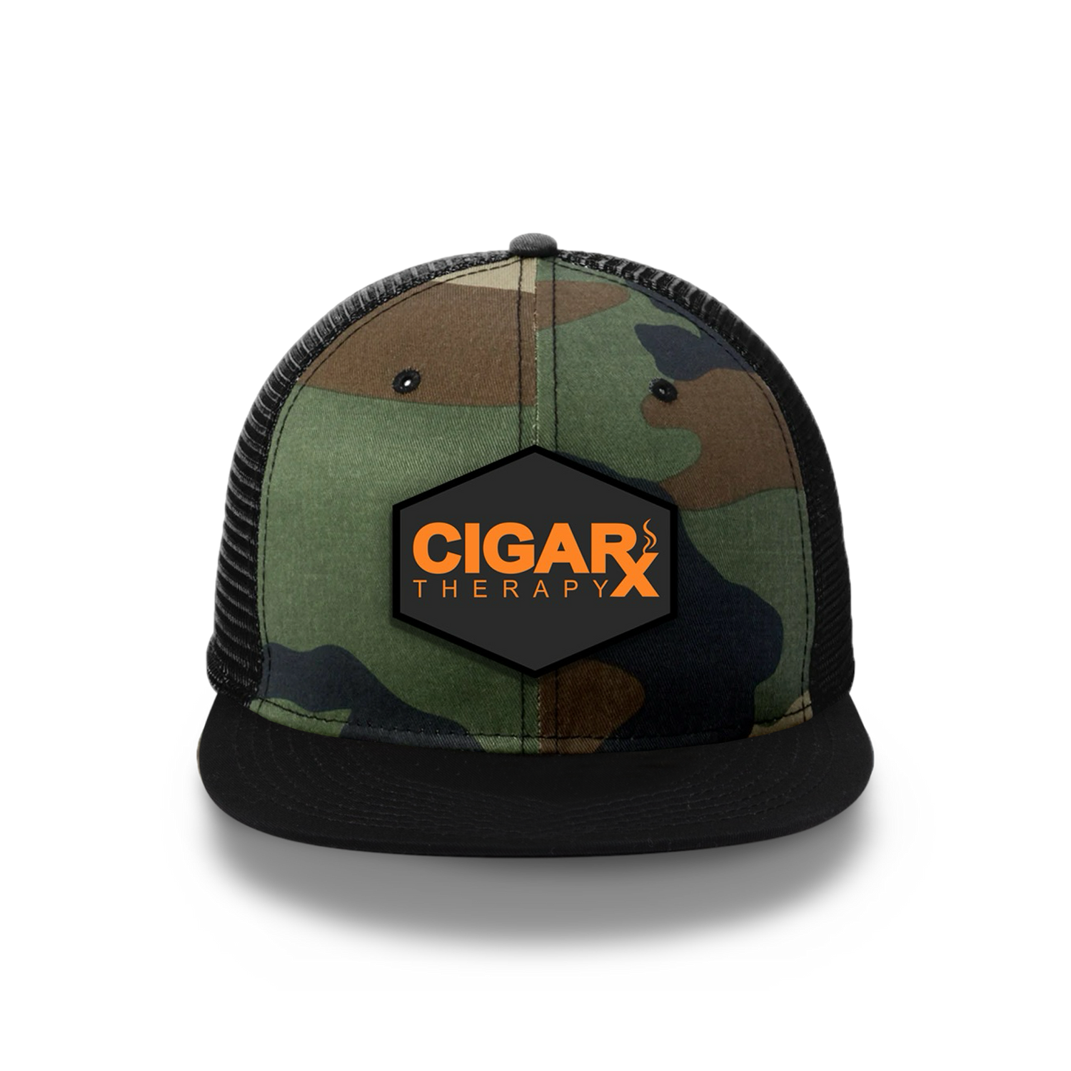 Camo Flat Trucker with Orange on Black Patch Black Bill Front View