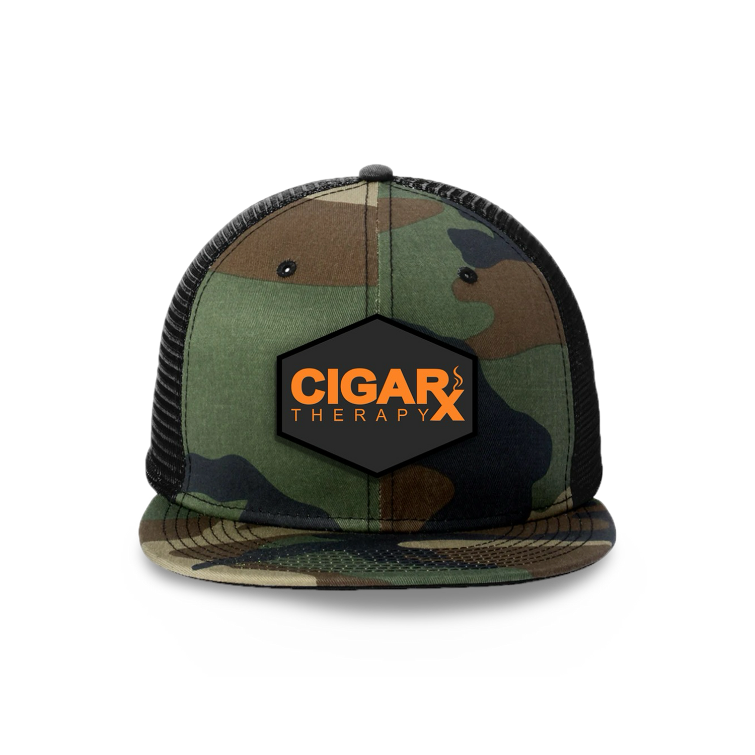 Camo Flat Trucker with Orange on Black Patch Camo Bill Front