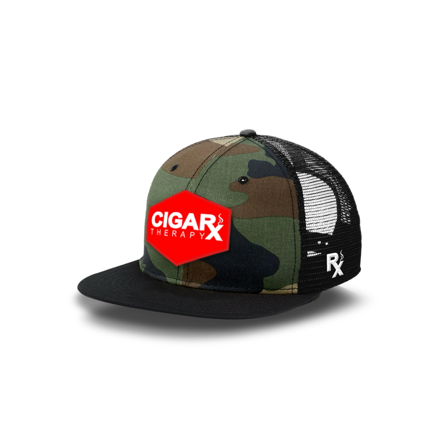 Camo Flat Trucker with Red Classic Patch Black Bill Angled View
