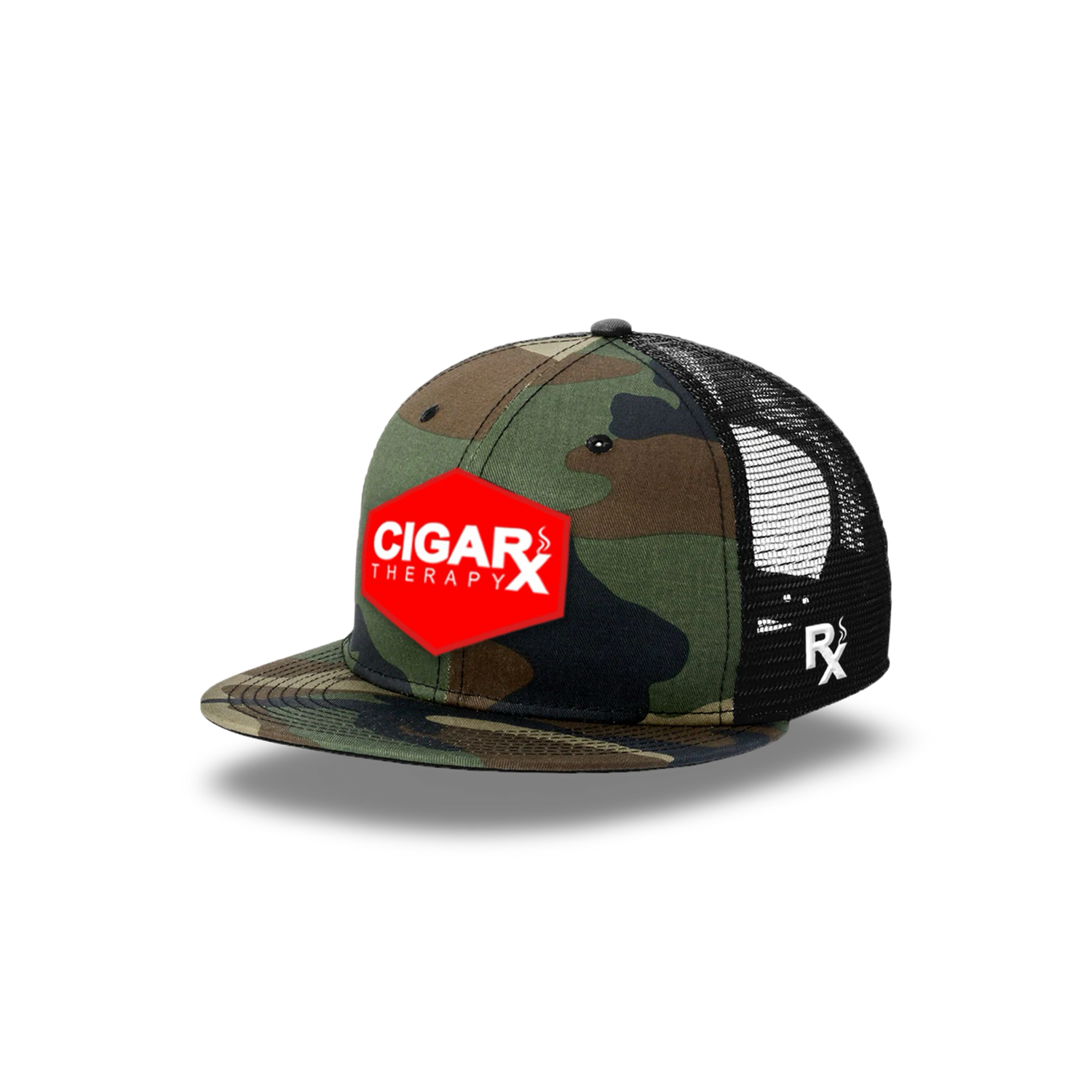 Camo Flat Trucker with Red Classic Patch Camo Bill Angled View
