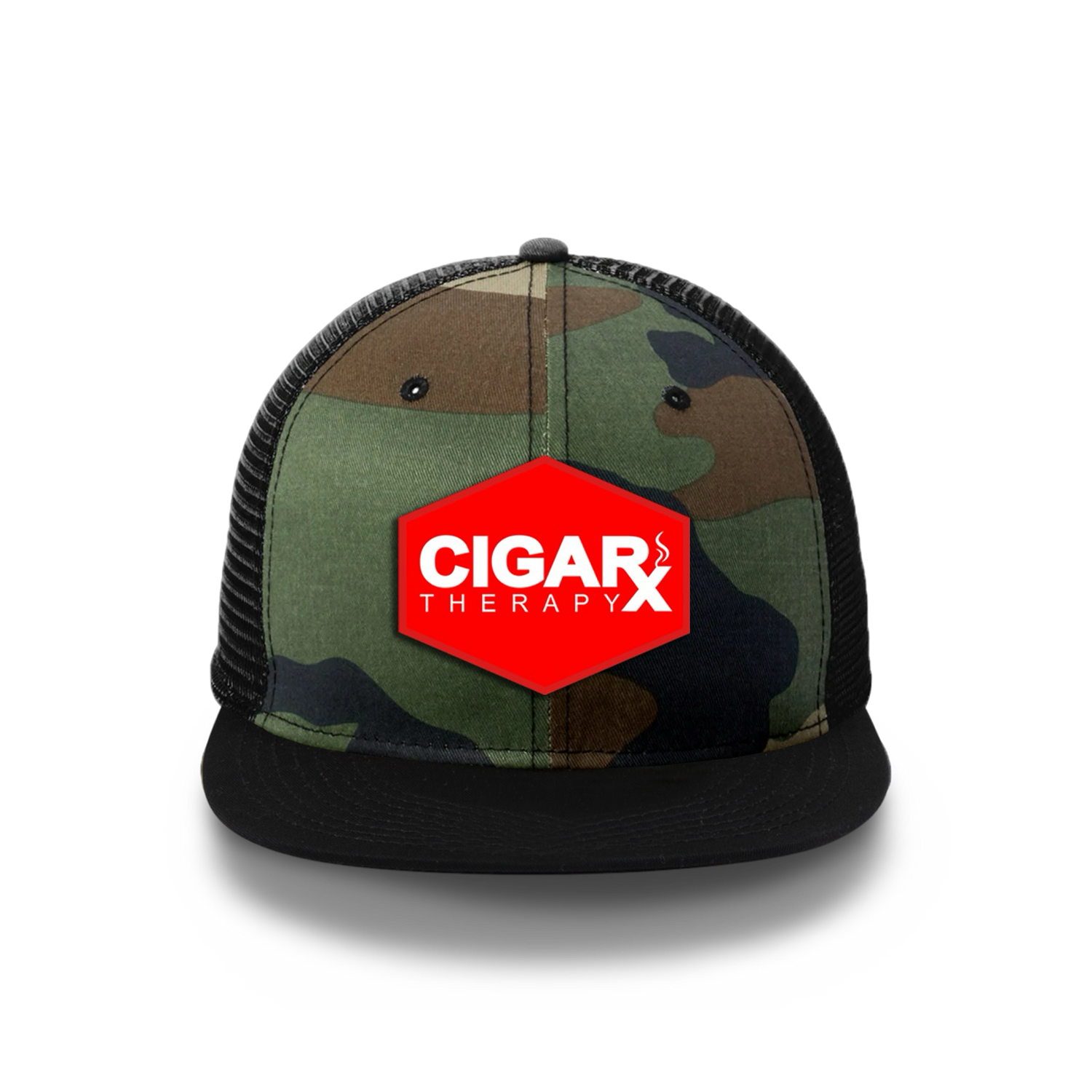 Camo Flat Trucker with Red Classic Patch Black Bill Front View
