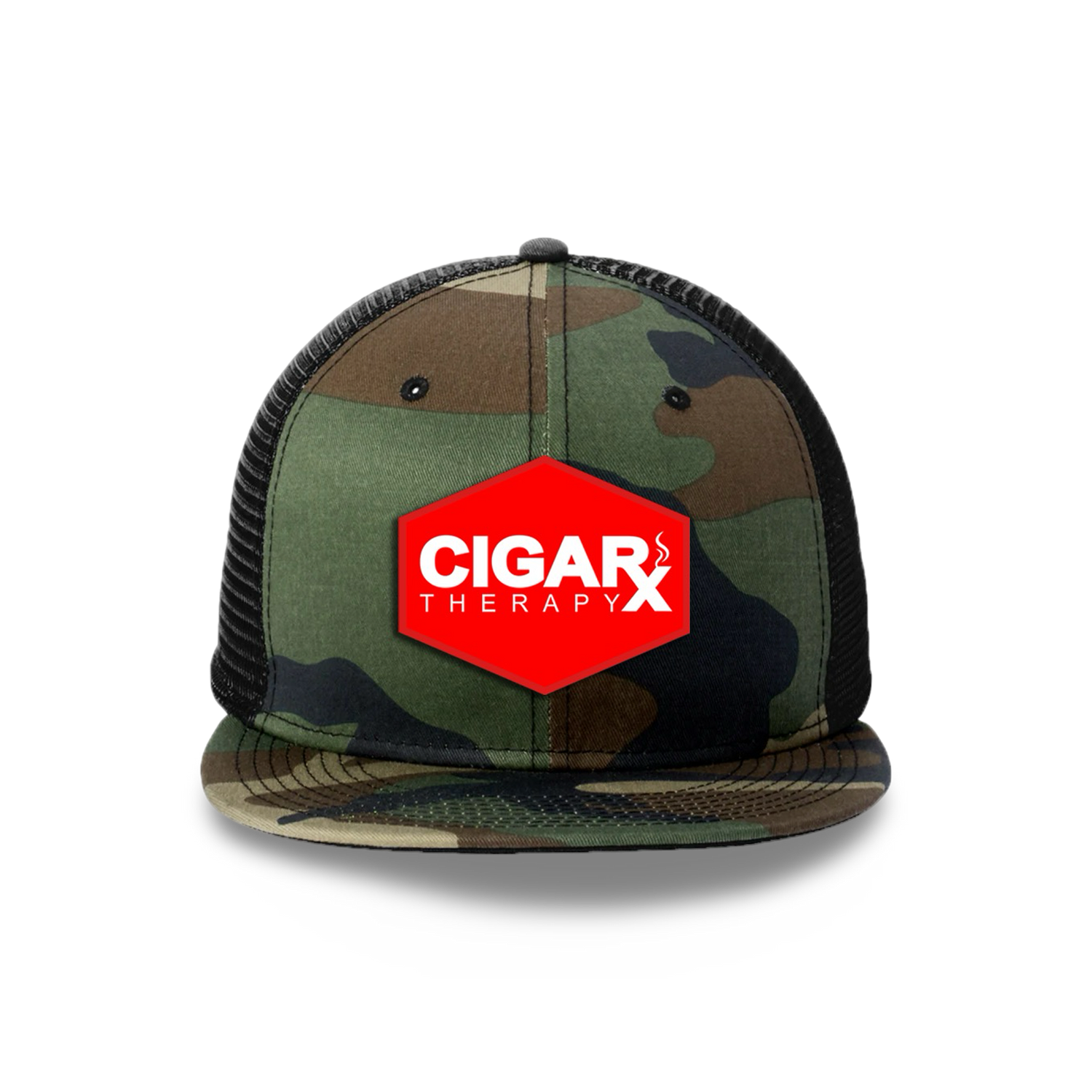 Camo Flat Trucker with Red Classic Patch Camo Bill Front