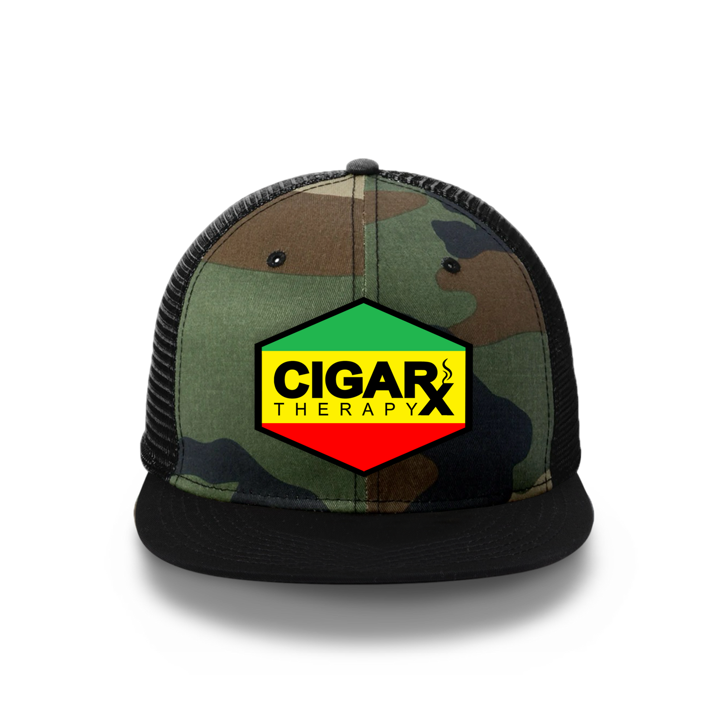 Camo Flat Trucker with Reggae Rasta Patch Black Bill Front View