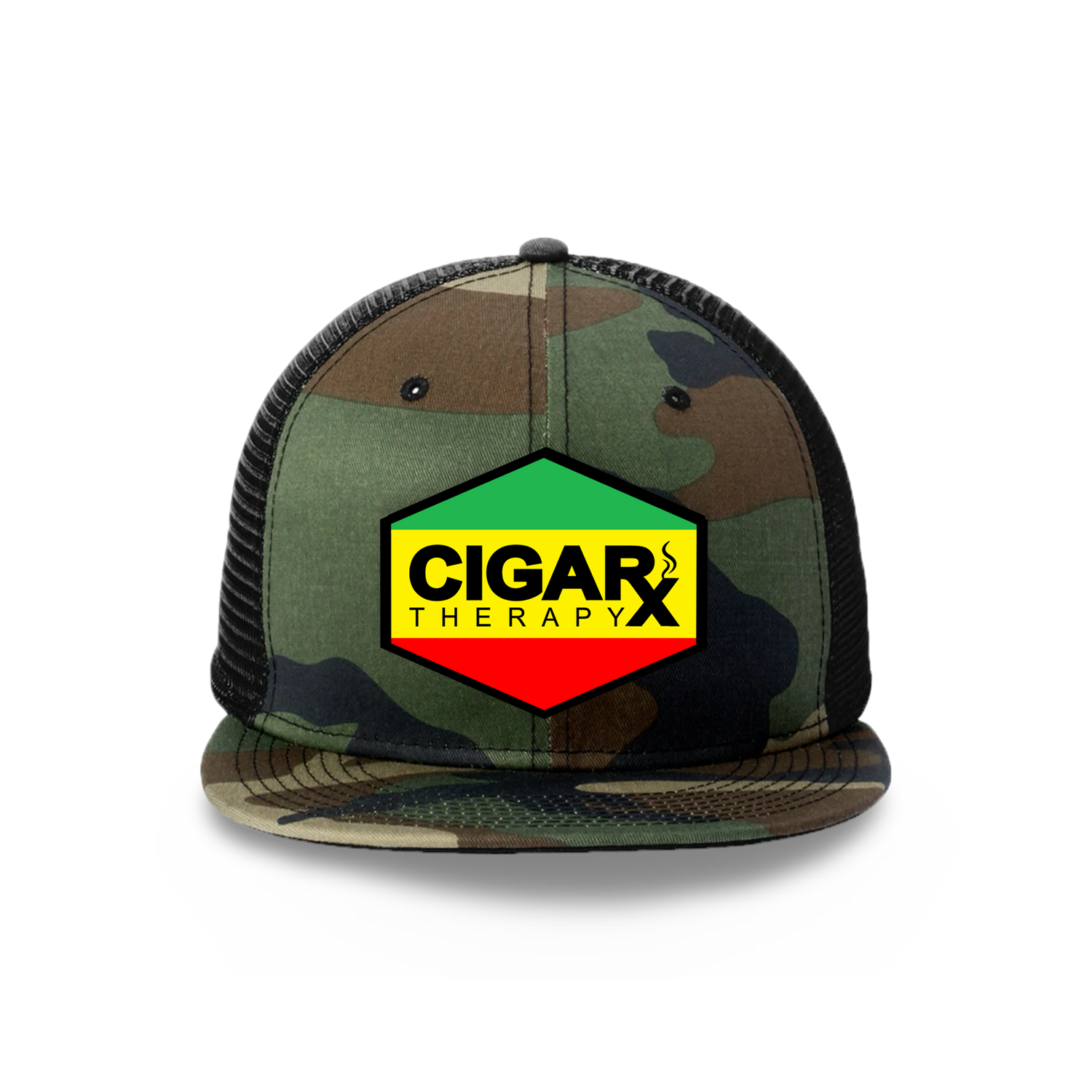 Camo Flat Trucker with Reggae Rasta Patch Camo Bill Front View