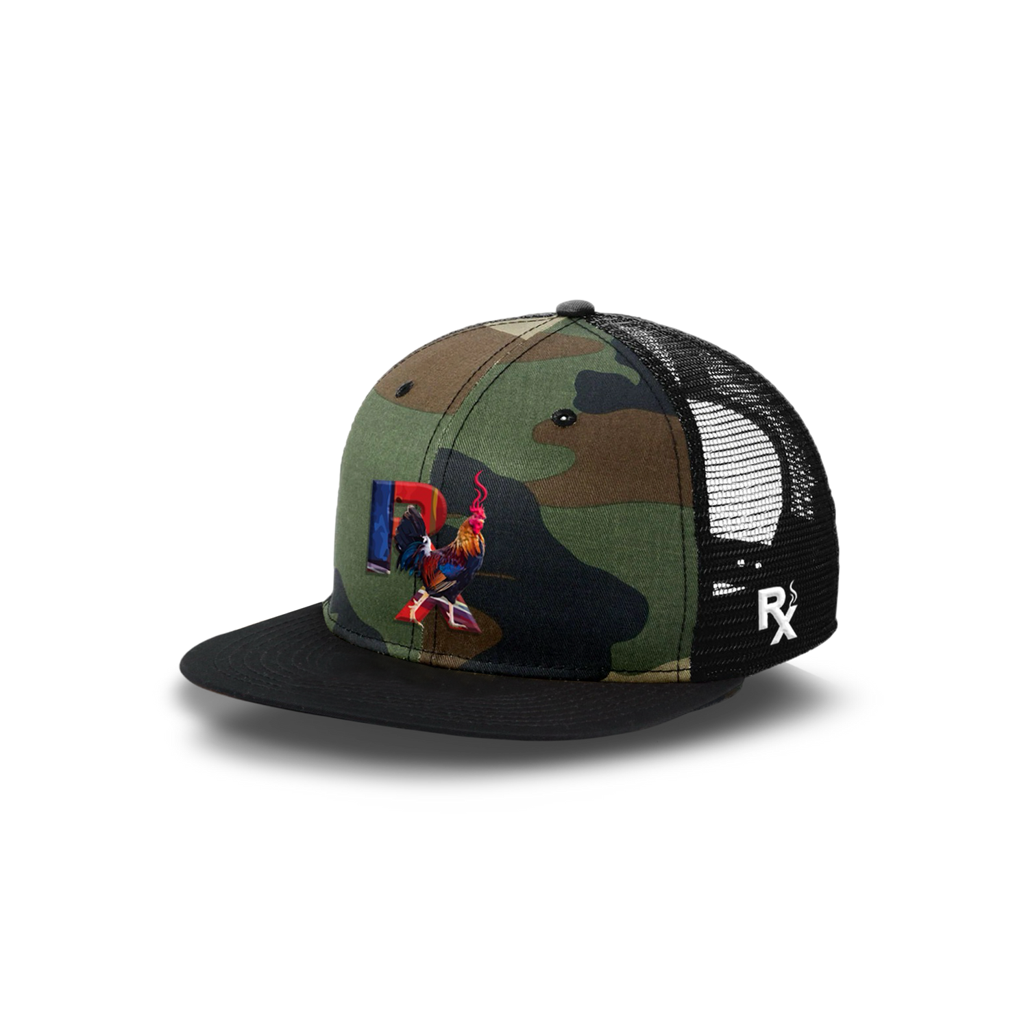 Camo Flat Trucker with Smokin Cock Patch Black Bill Angled