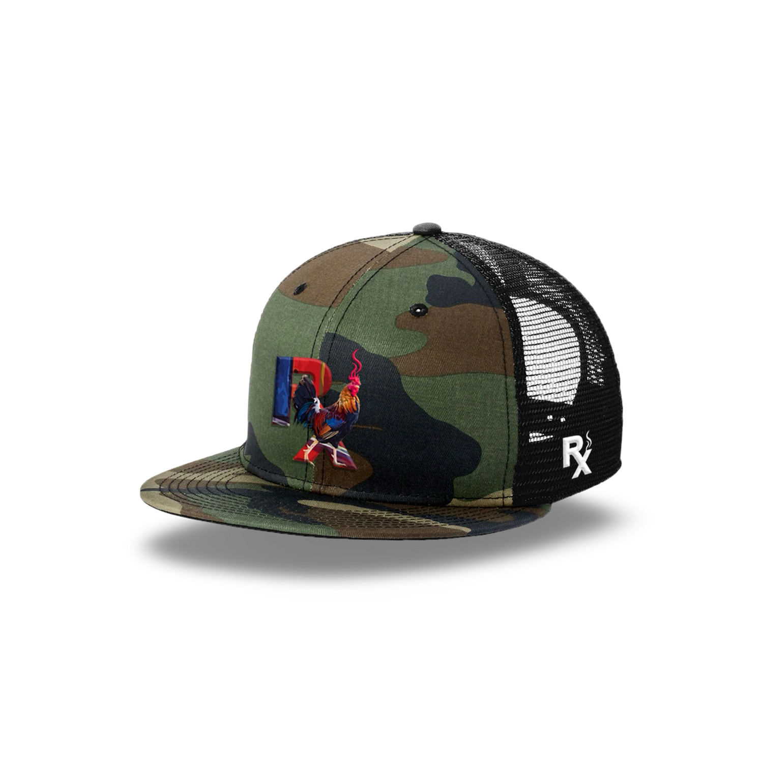 Camo Flat Trucker with Smokin Cock Patch Camo Bill Angled