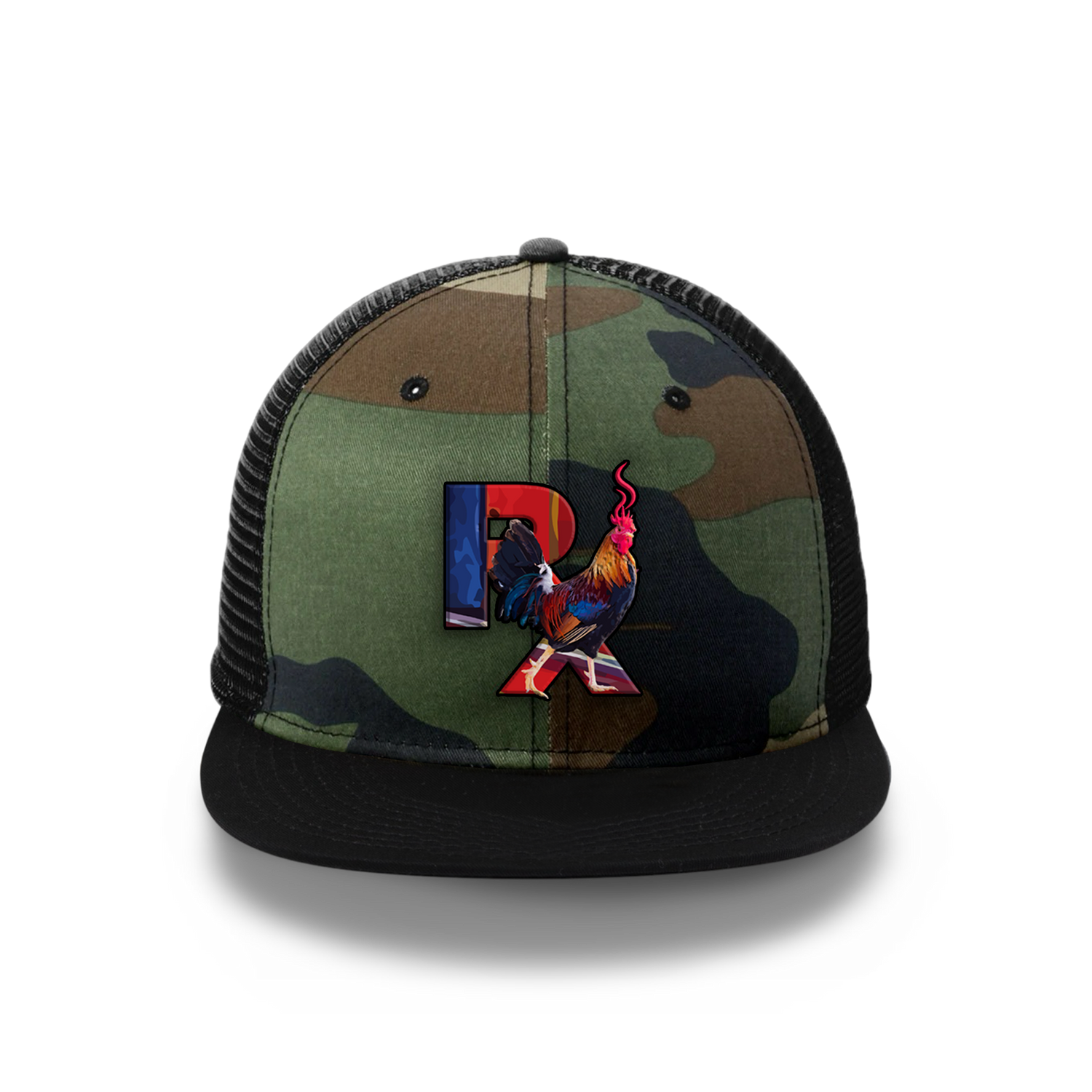 Camo Flat Trucker with Smokin Cock Patch Black Bill Black Stroke Front