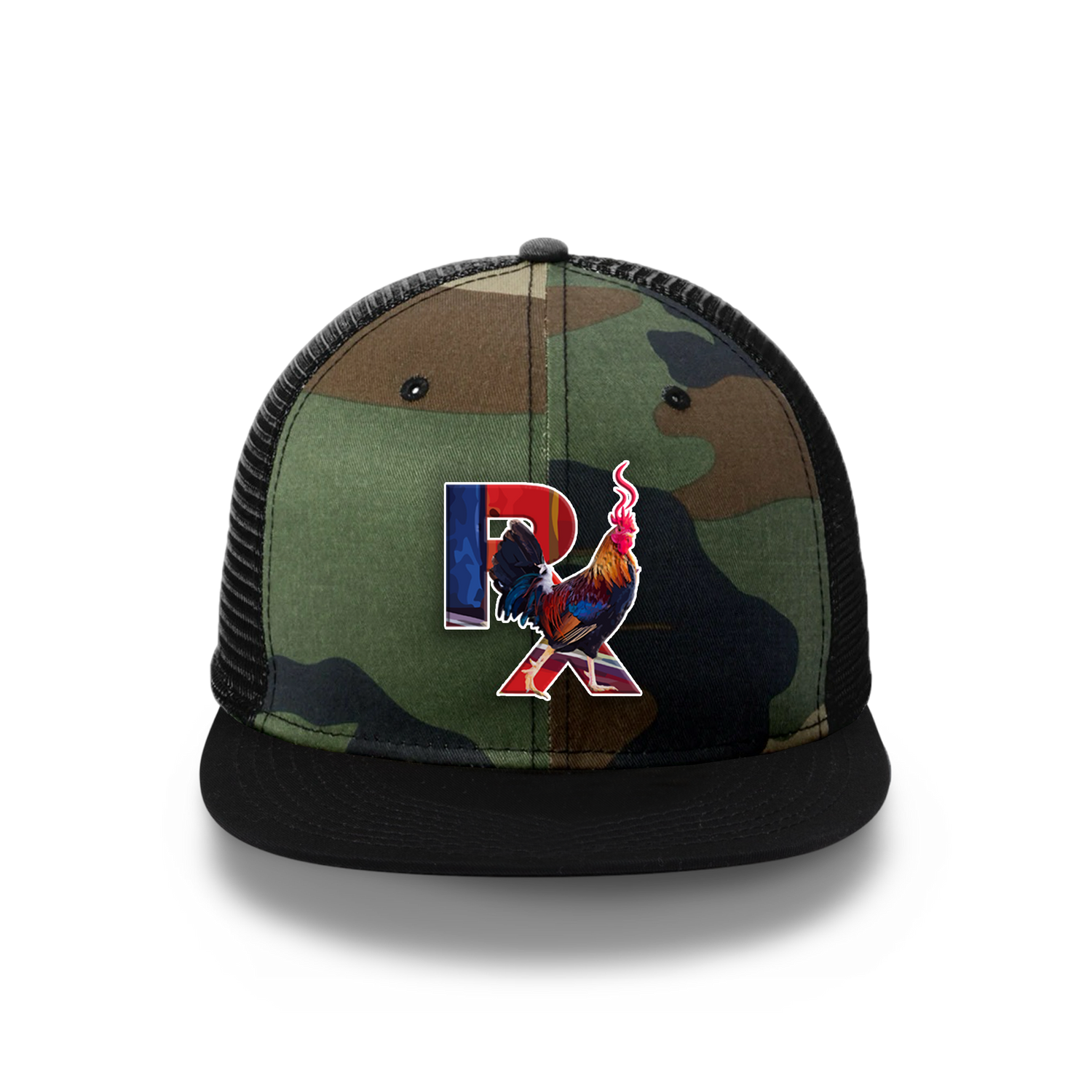Camo Flat Trucker with Smokin Cock Patch Black Bill White Stroke Front