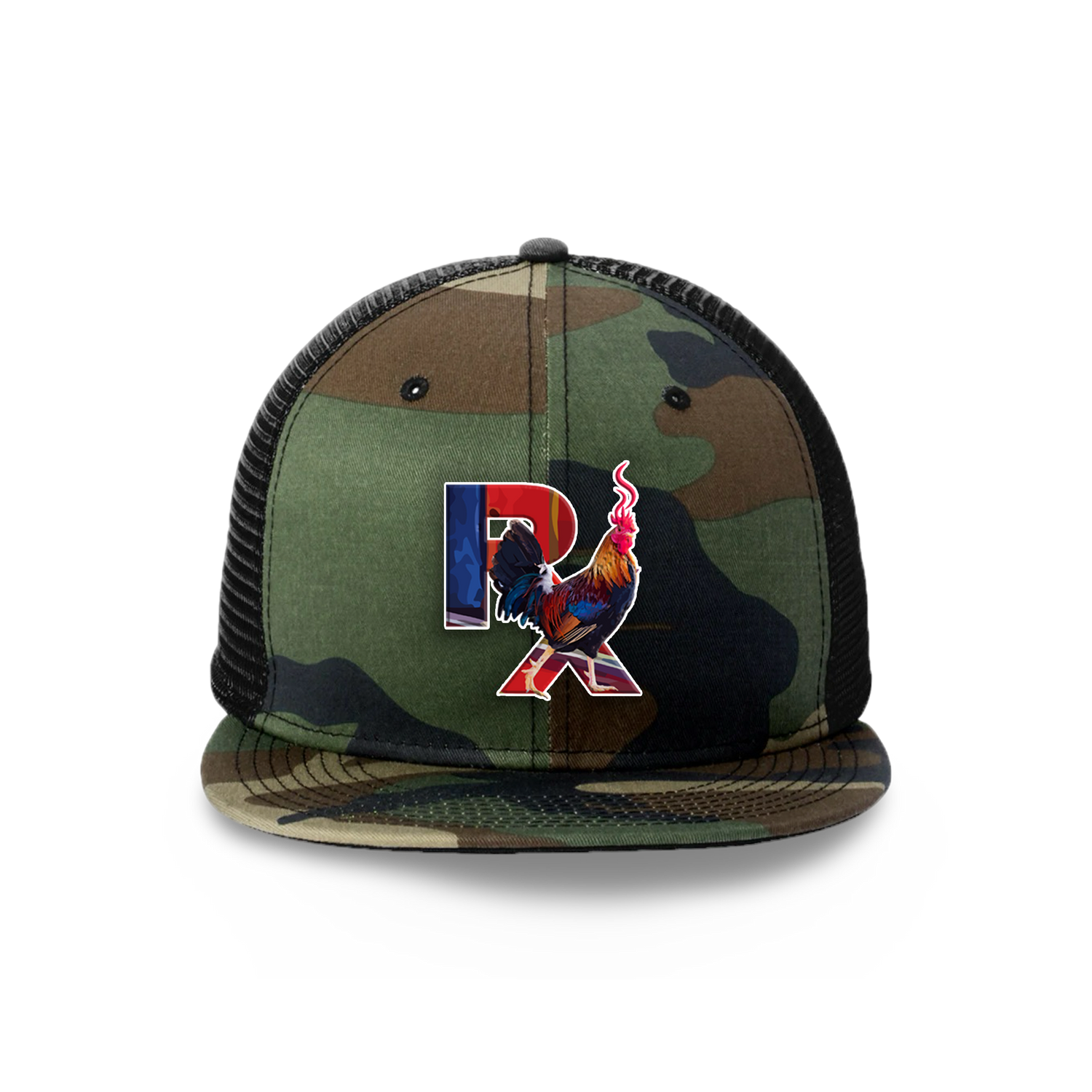 Camo Flat Trucker with Smokin Cock Patch Camo Bill White Stroke Front