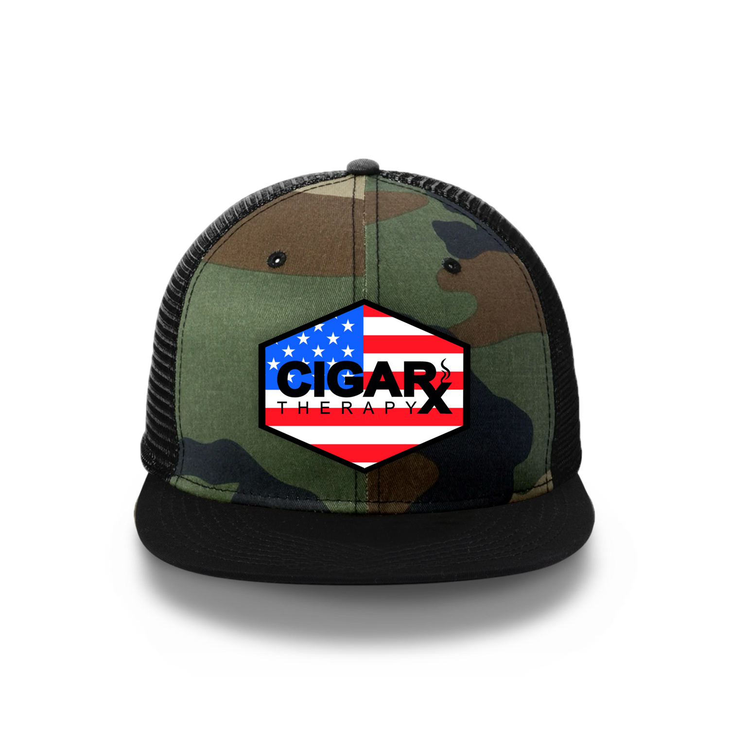 Camo Flat Trucker with USA Flag Patch Black Bill Front View