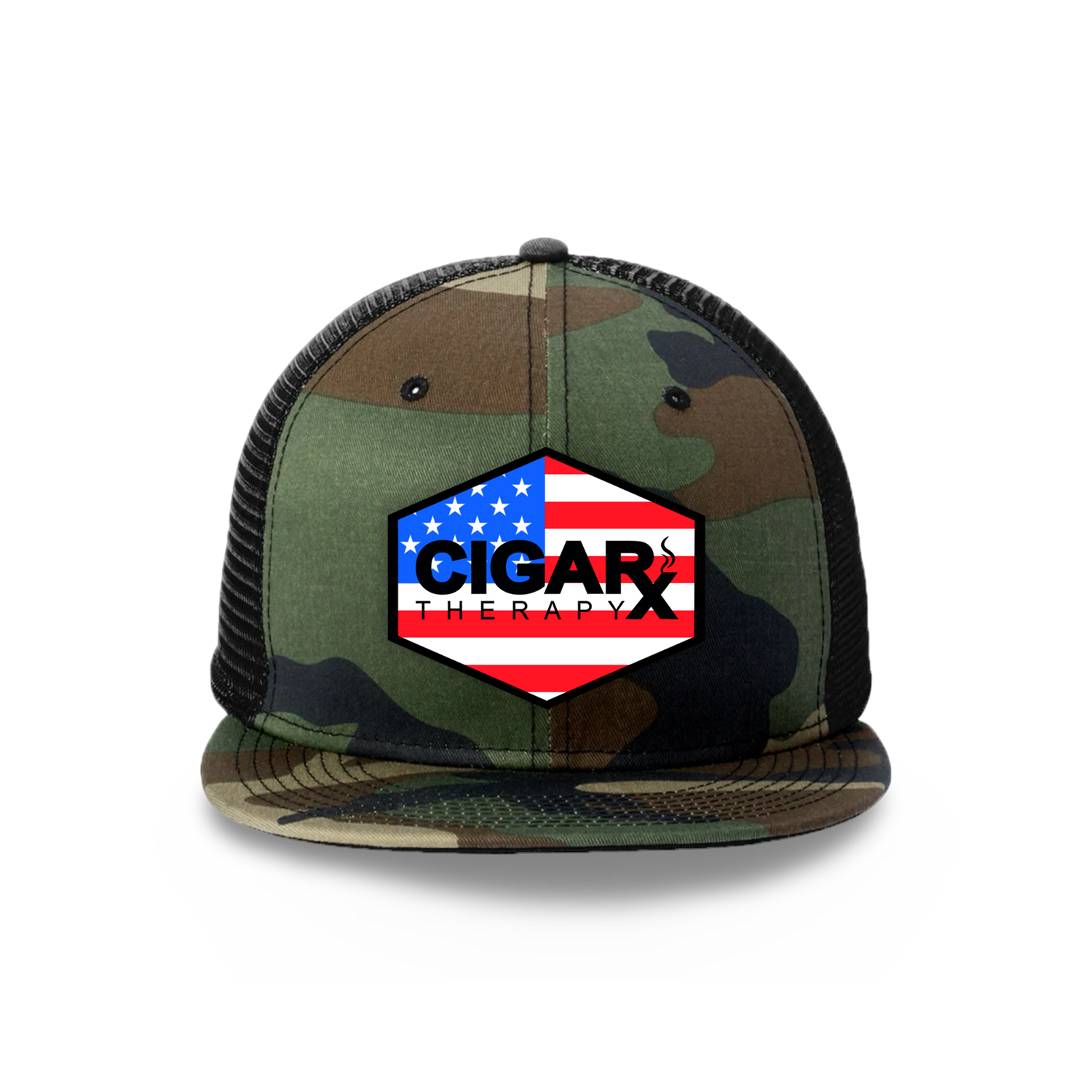 Camo Flat Trucker with USA Flag Patch Camo Bill Front View