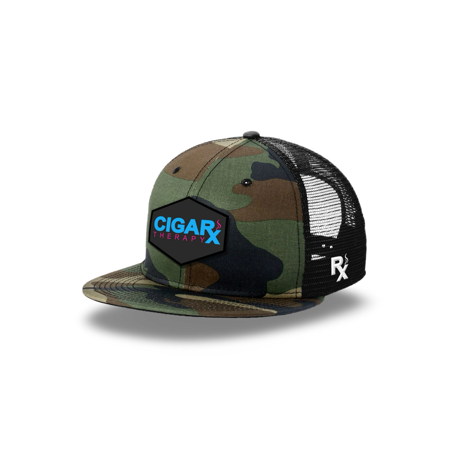 Camo Flat Trucker with Miami Edition Patch Camo Bill Angled View