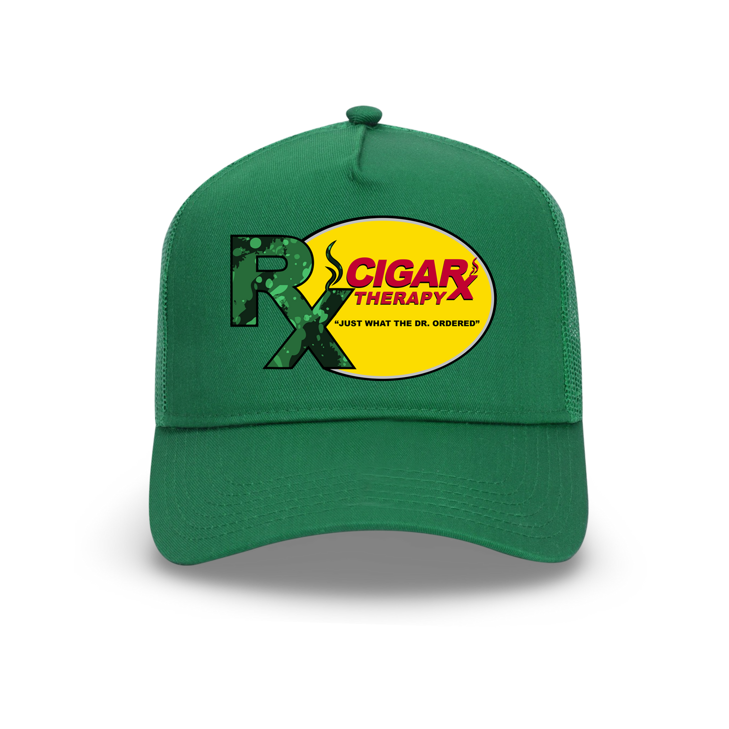 Green Curved Trucker with Green Rx on Yellow Patch Front