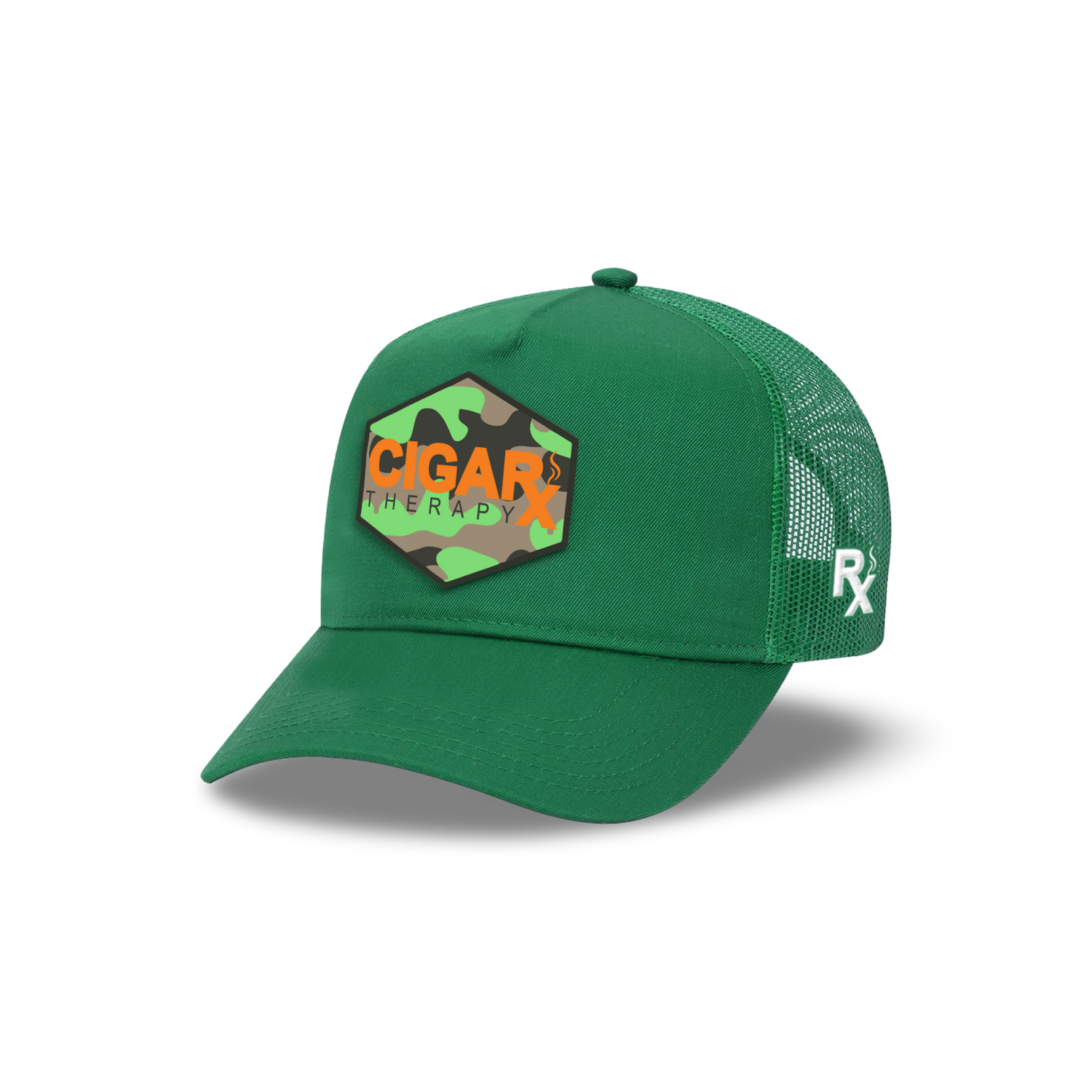 Green Curved Trucker with Orange Logo on Camo Rogue Patch Angled View