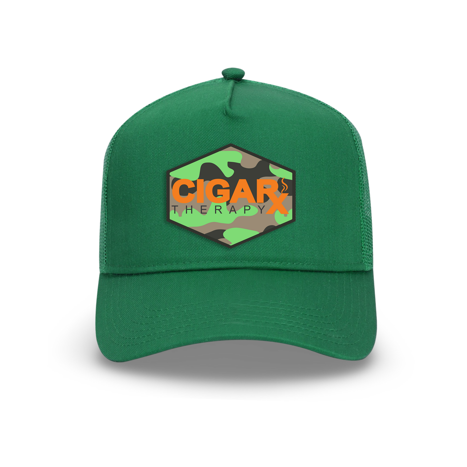 Green Curved Trucker with Orange Logo on Camo Rogue Patch Front