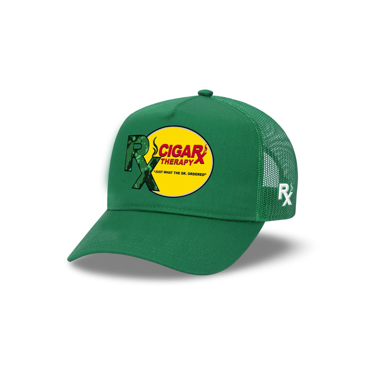 Green Curved Trucker with Green Rx on Yellow Patch Angled View