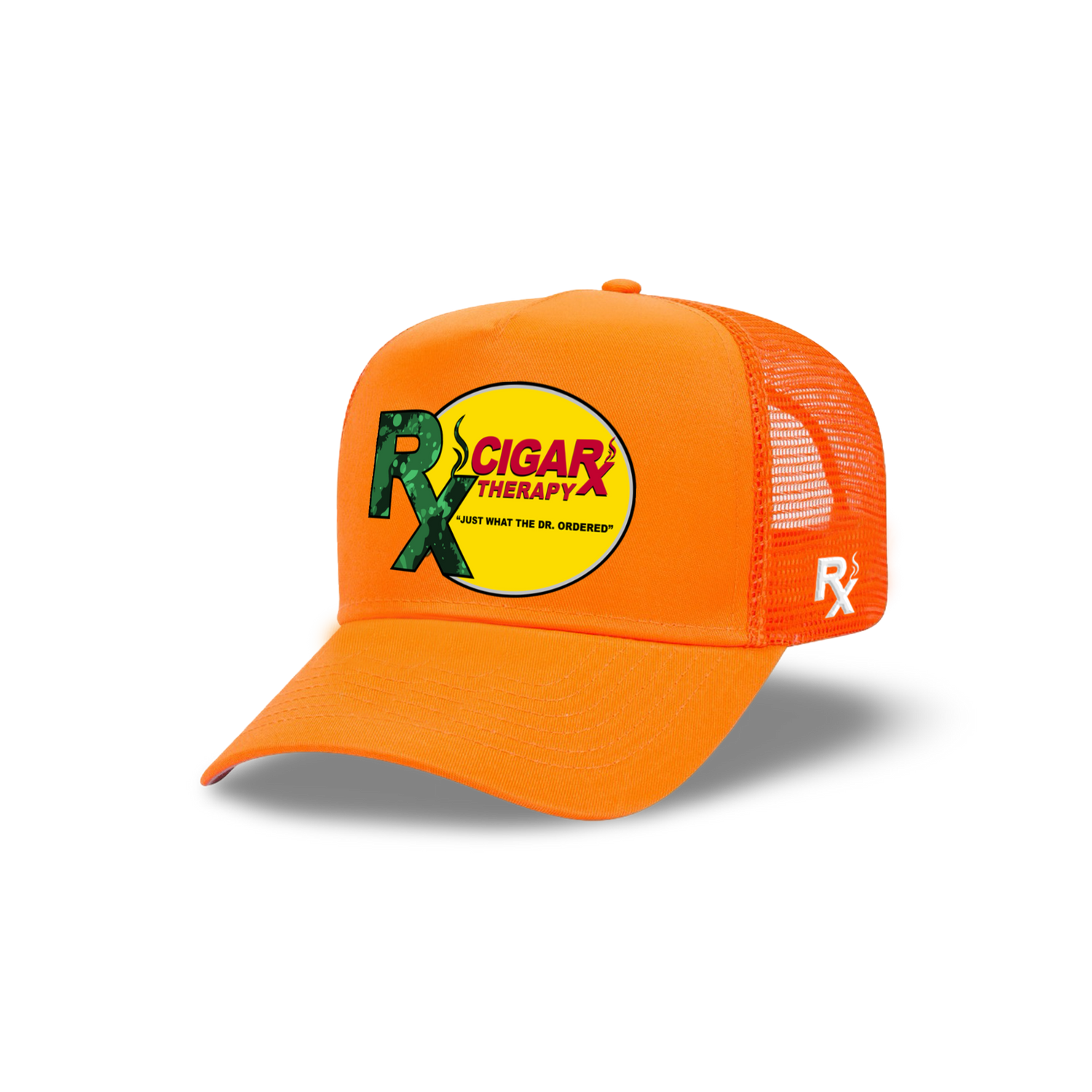 Orange Curved Trucker with Green Rx on Yellow Patch Angled