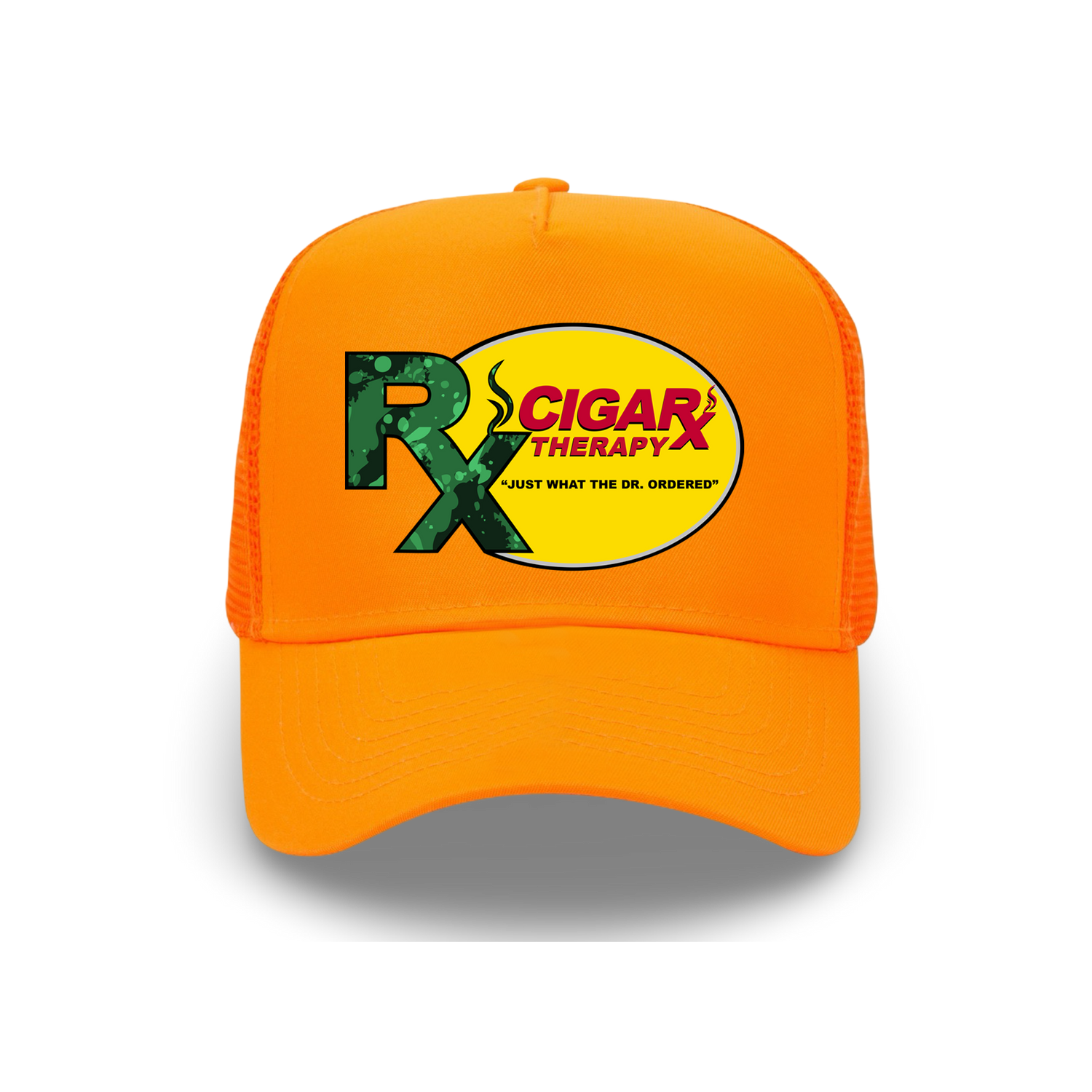 Orange Curved Trucker with Green Rx on Yellow Patch Front