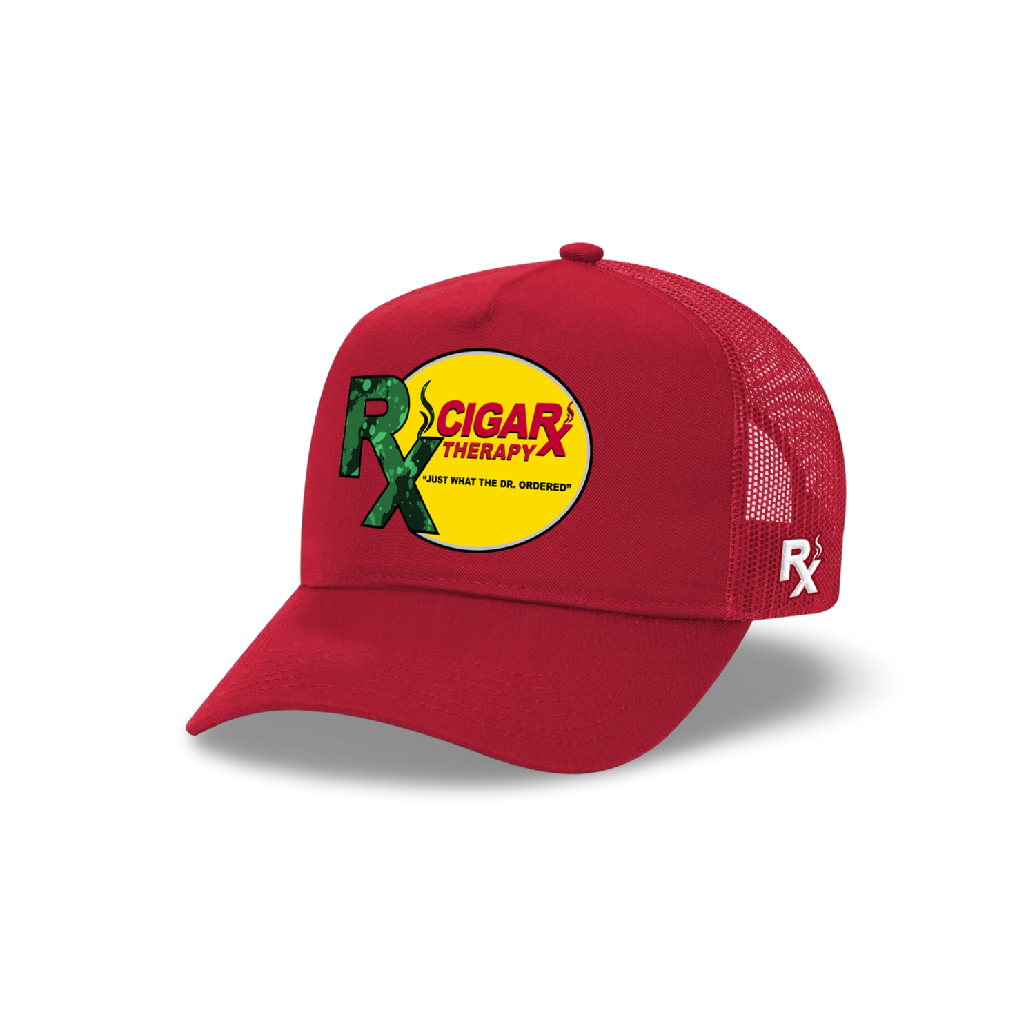 Red Curved Trucker with Green Rx on Yellow Patch Angled
