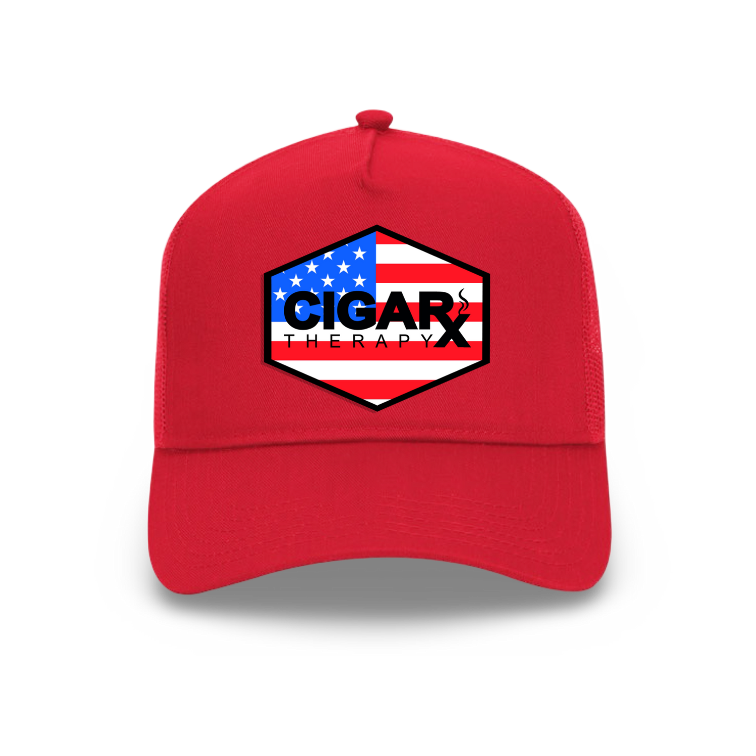 Red Curved Trucker with USA Flag Patch