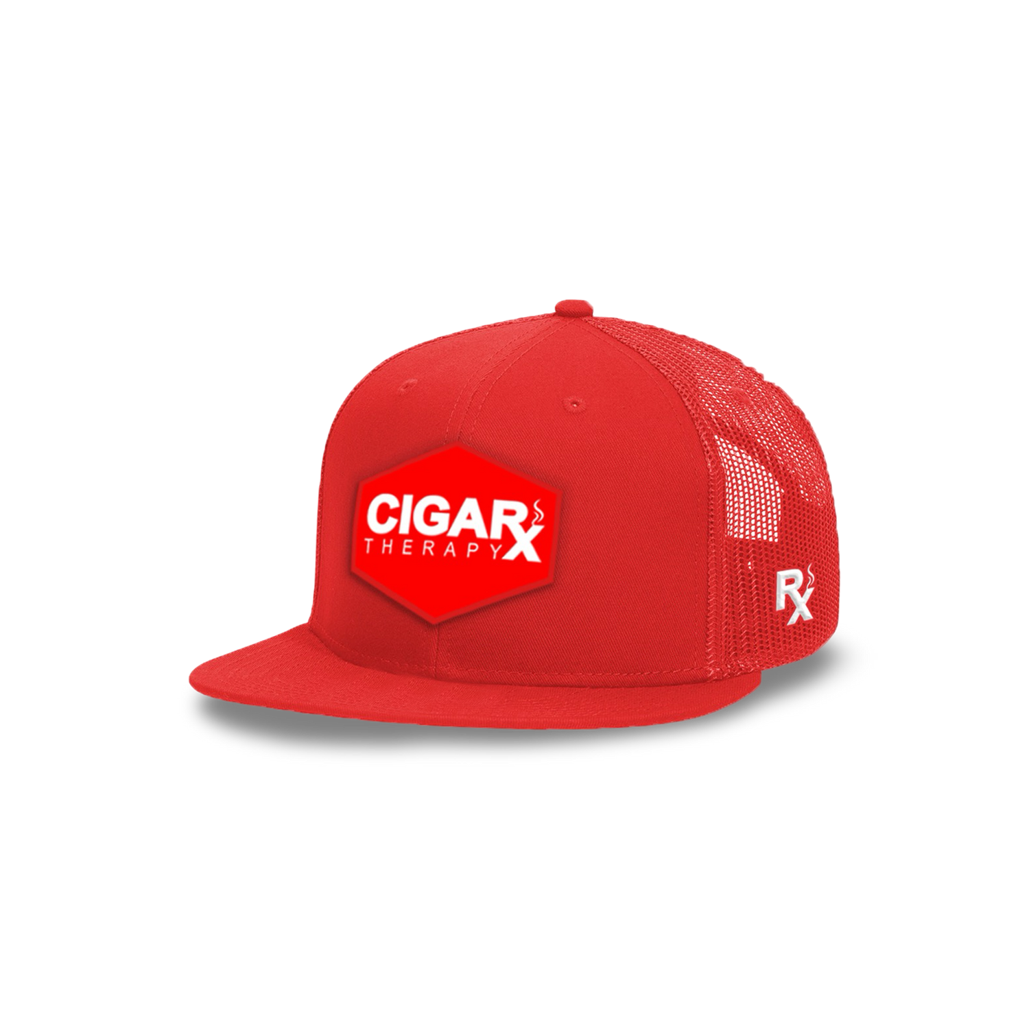 Red Flat Trucker with Red Classic Rogue Patch Angled View