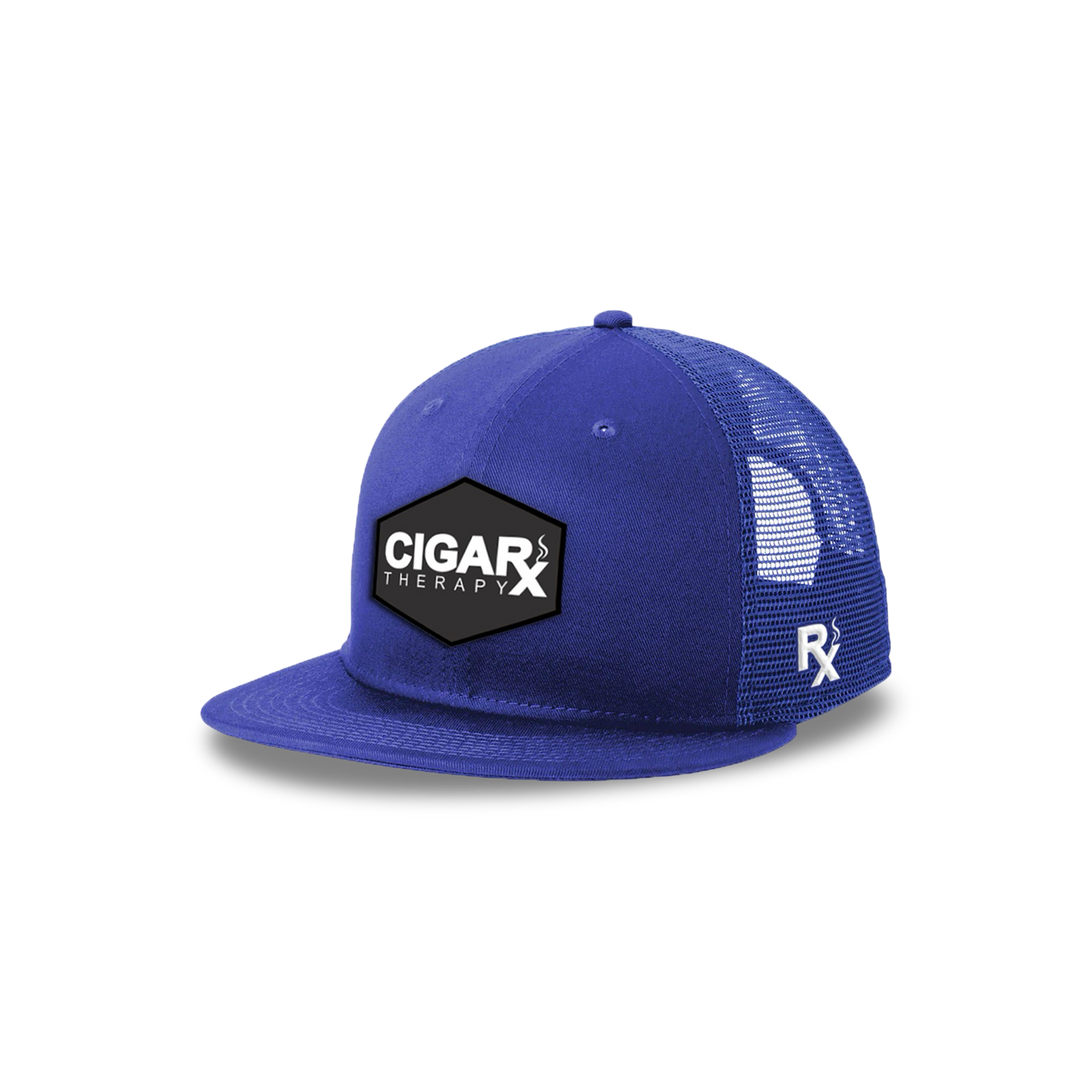 Royal Blue Flat Trucker with Black Classic Rogue Patch Angled View