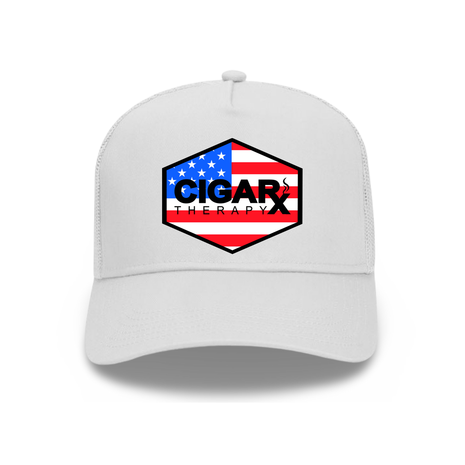 White Curved Trucker with USA Flag Patch Front View