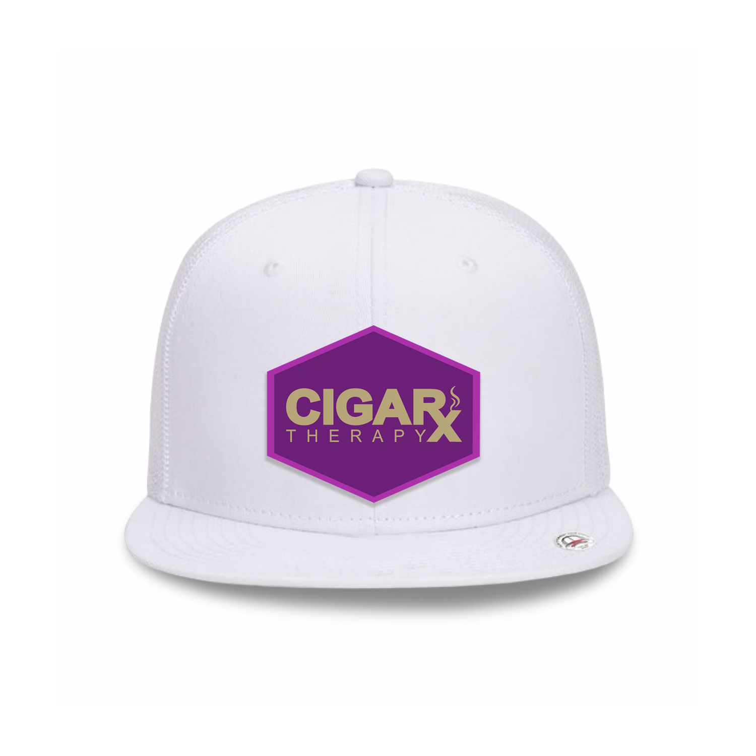 White Flat Trucker with Gold on Purple Patch