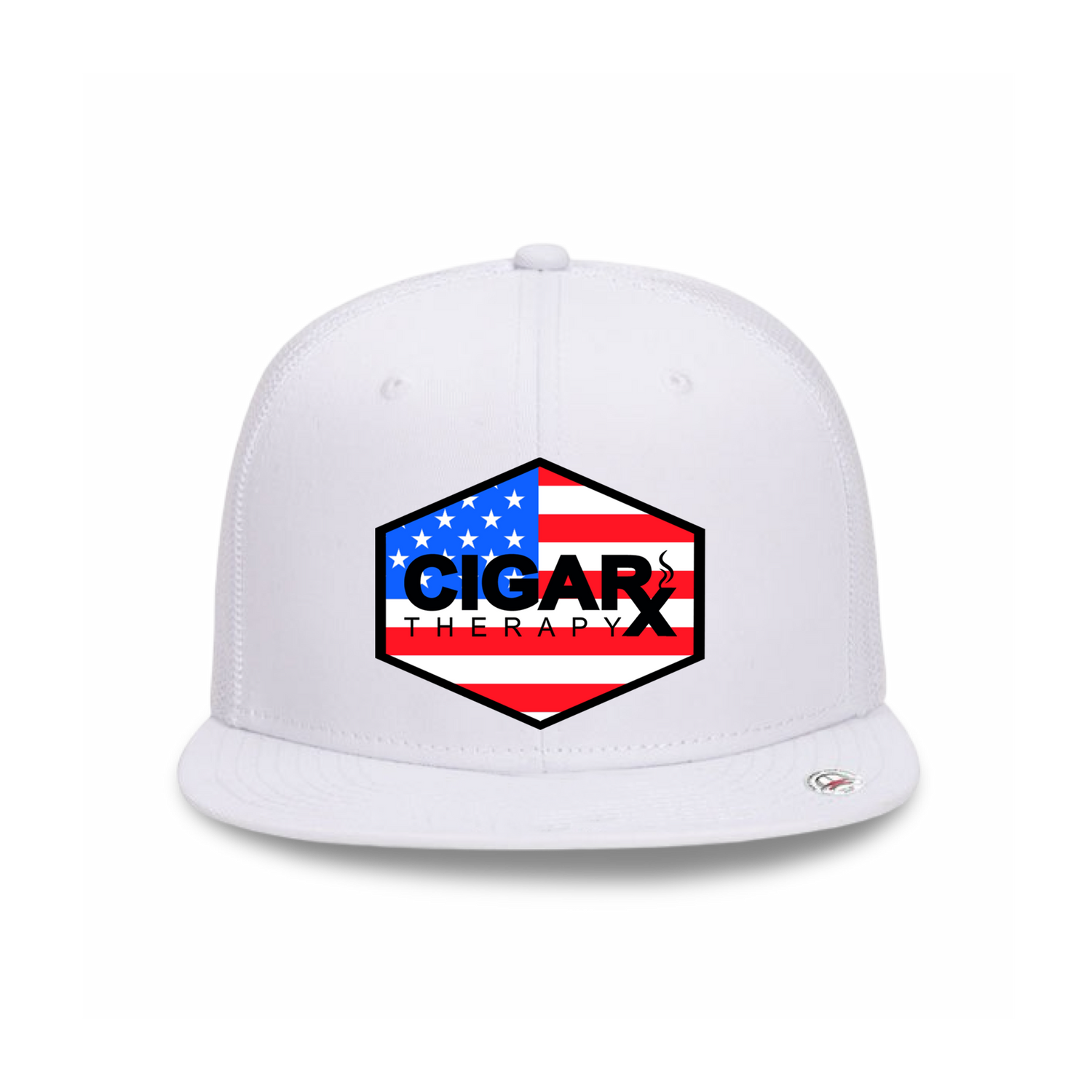 White Flat Trucker with USA Flag Patch Front View