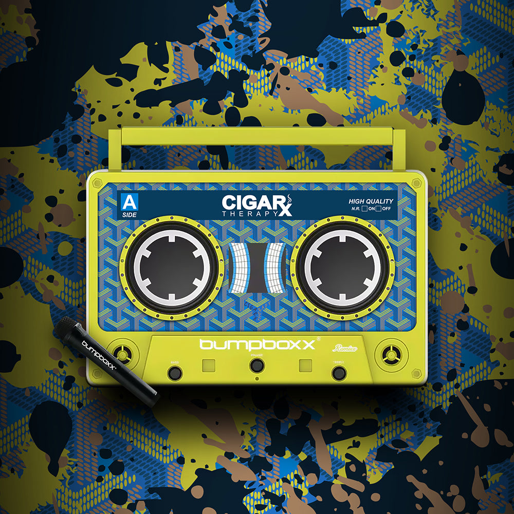 CIGARx Yellow REMIXX ID w/ Blue & Yellow Pattern Bumpboxx with Background