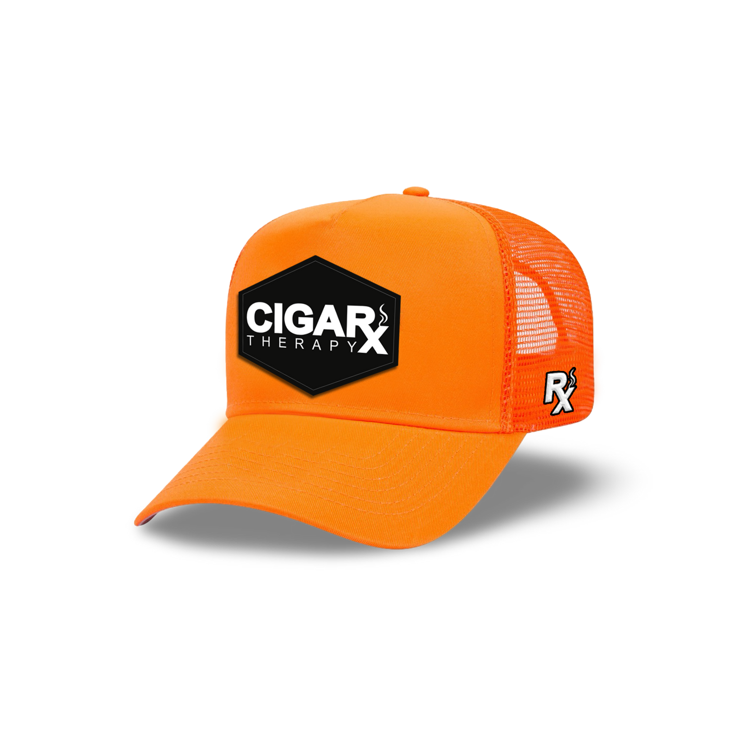 Orange Curved Trucker with Black Classic Patch Angled View