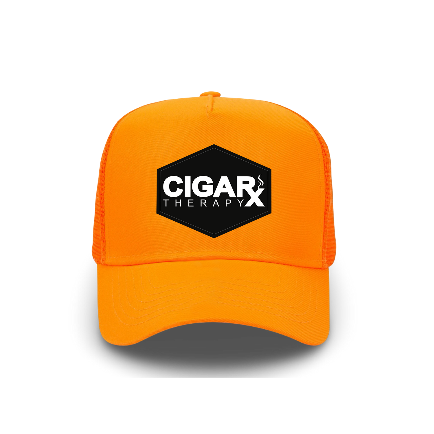 Orange Curved Trucker with Black Classic Patch Front View