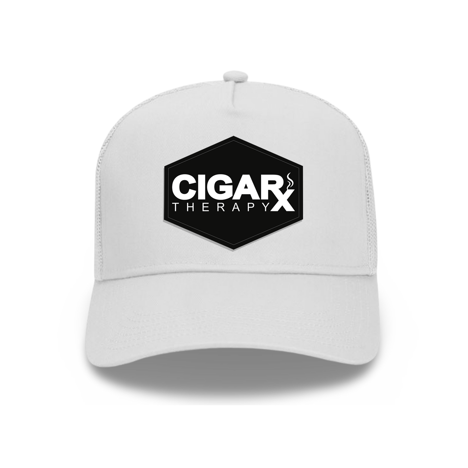 White Curved Trucker with Black Classic Patch