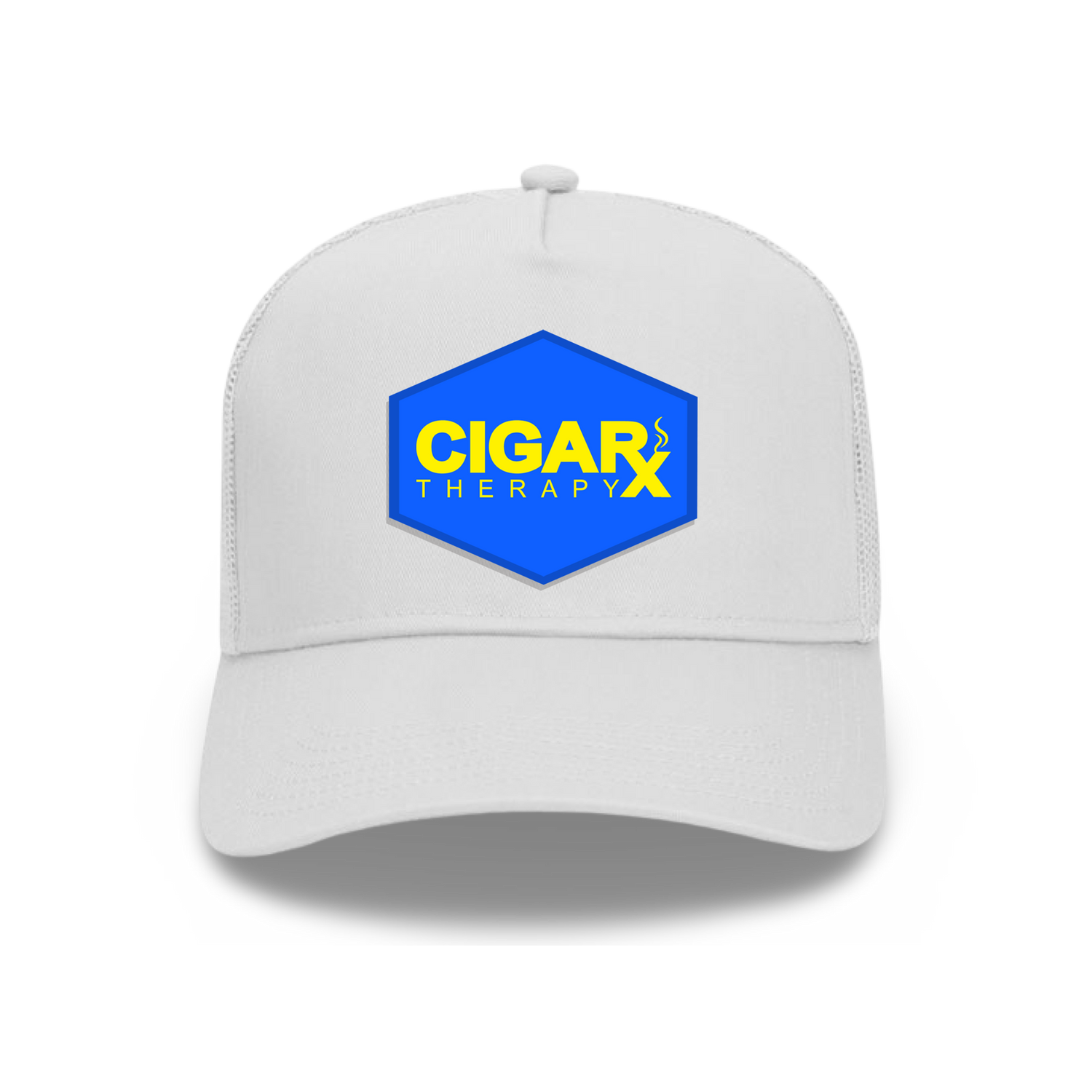 White Curved Trucker with Yellow on Blue Patch