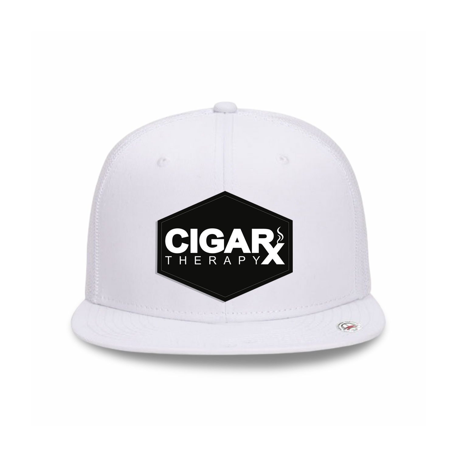 White Flat Trucker with Black Classic Patch
