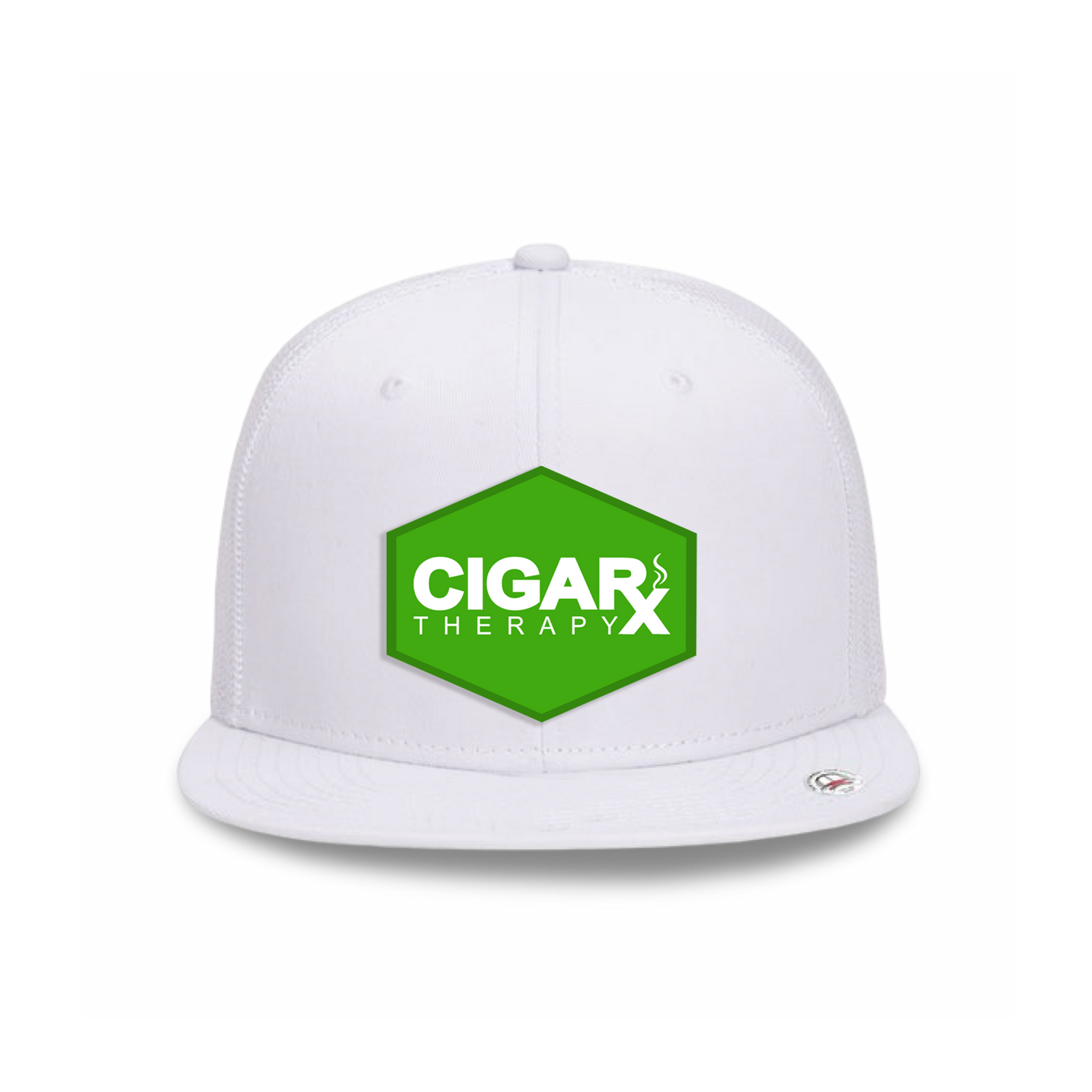 White Flat Trucker with Green Classic Patch