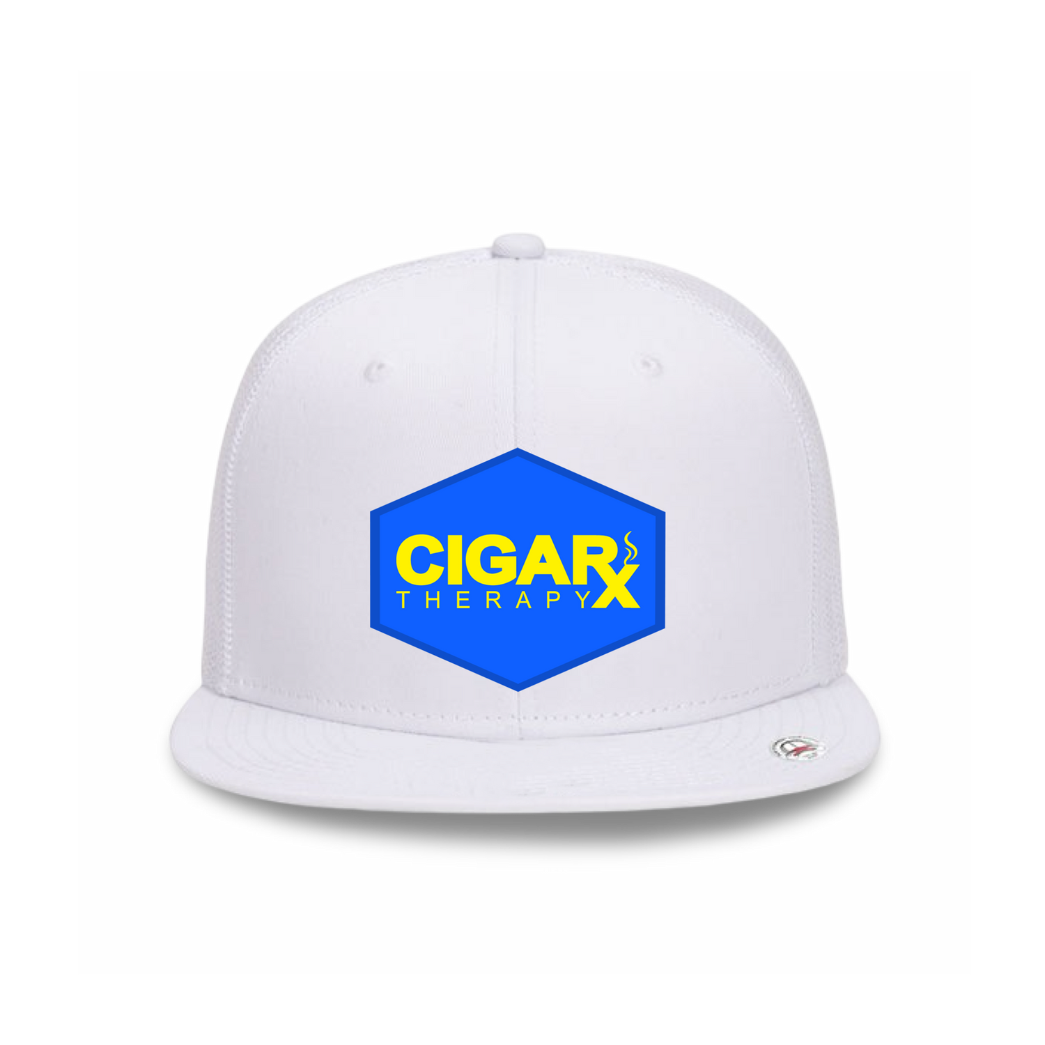 White Flat Trucker with Yellow on Blue Patch