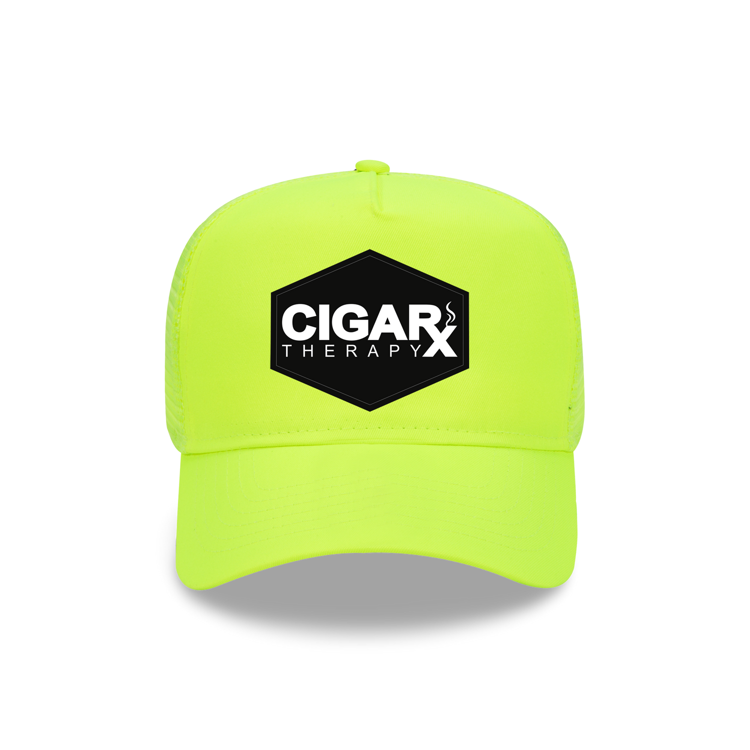 Neon Yellow Curved Trucker with Black Classic Patch Front View