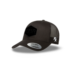 Black Curved Trucker with Blackout Patch Angled View