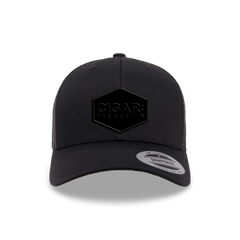 Black Curved Trucker with Blackout Patch Front View