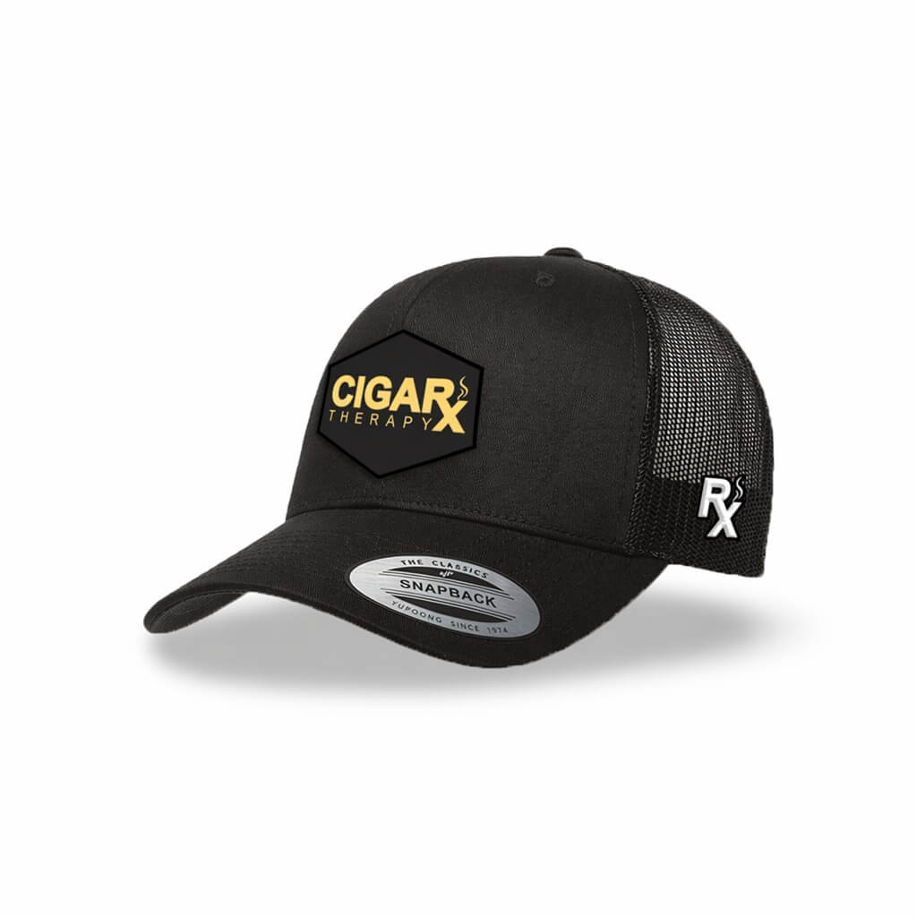 Black Curved Trucker with Gold Classic Patch Suide View