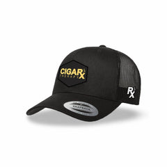 Black Curved Trucker with Gold Classic Patch Suide View