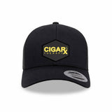 Black Curved Trucker with Gold Classic Patch Front View