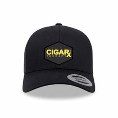 Black Curved Trucker with Gold Classic Patch Front View