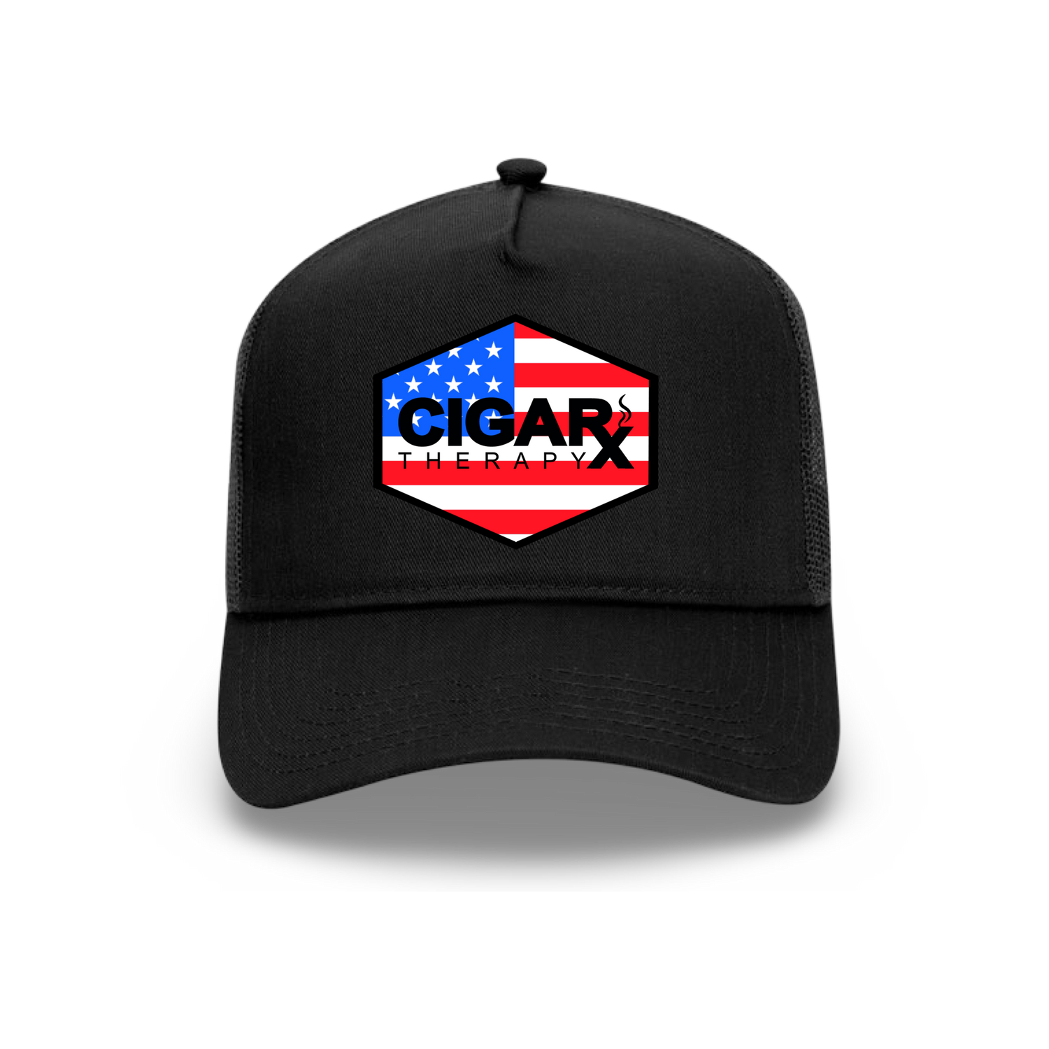 Black Curved Trucker with USA Flag Patch Front View