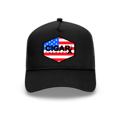 Black Curved Trucker with USA Flag Patch Front View