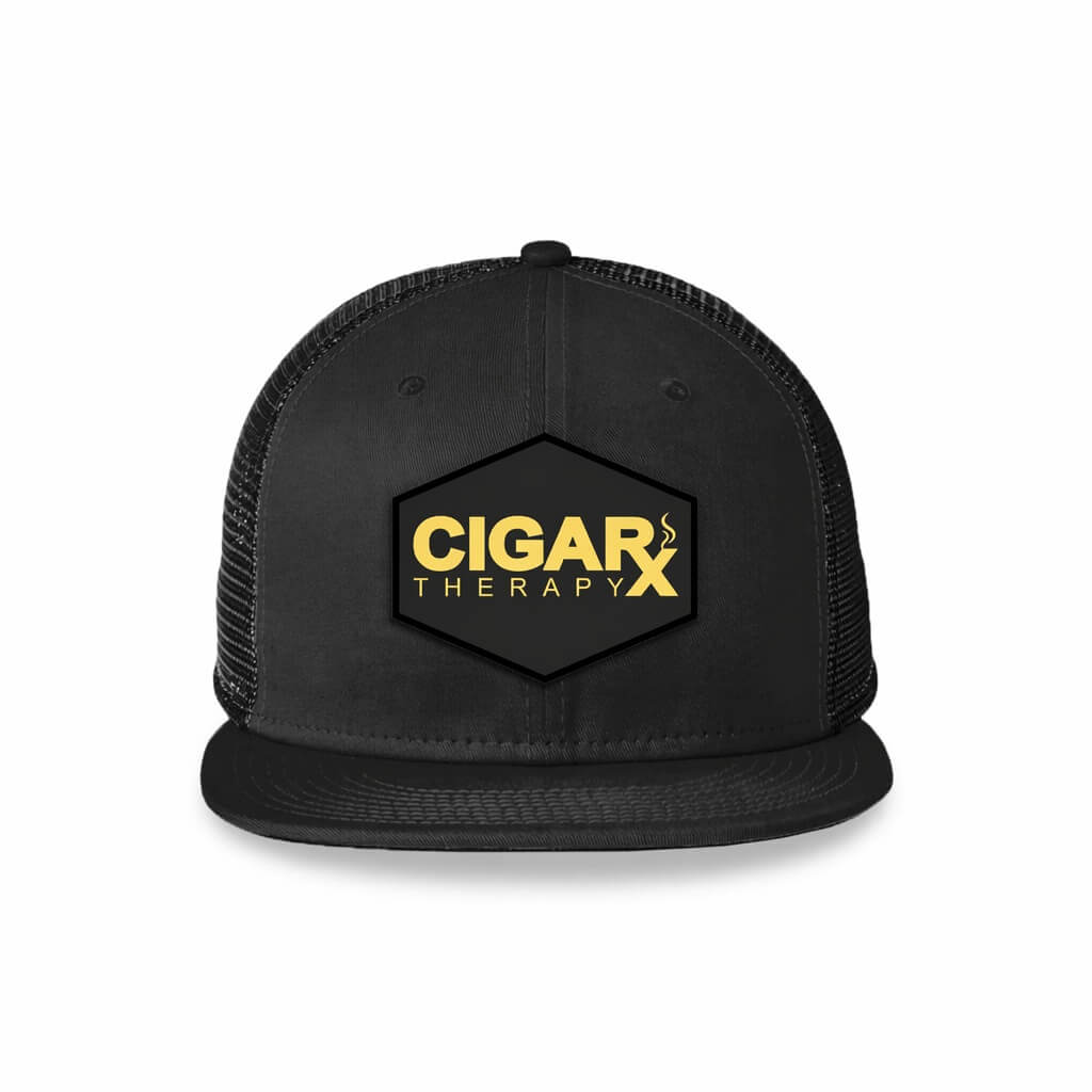 Black Flat Trucker with Gold Classic Patch Front View
